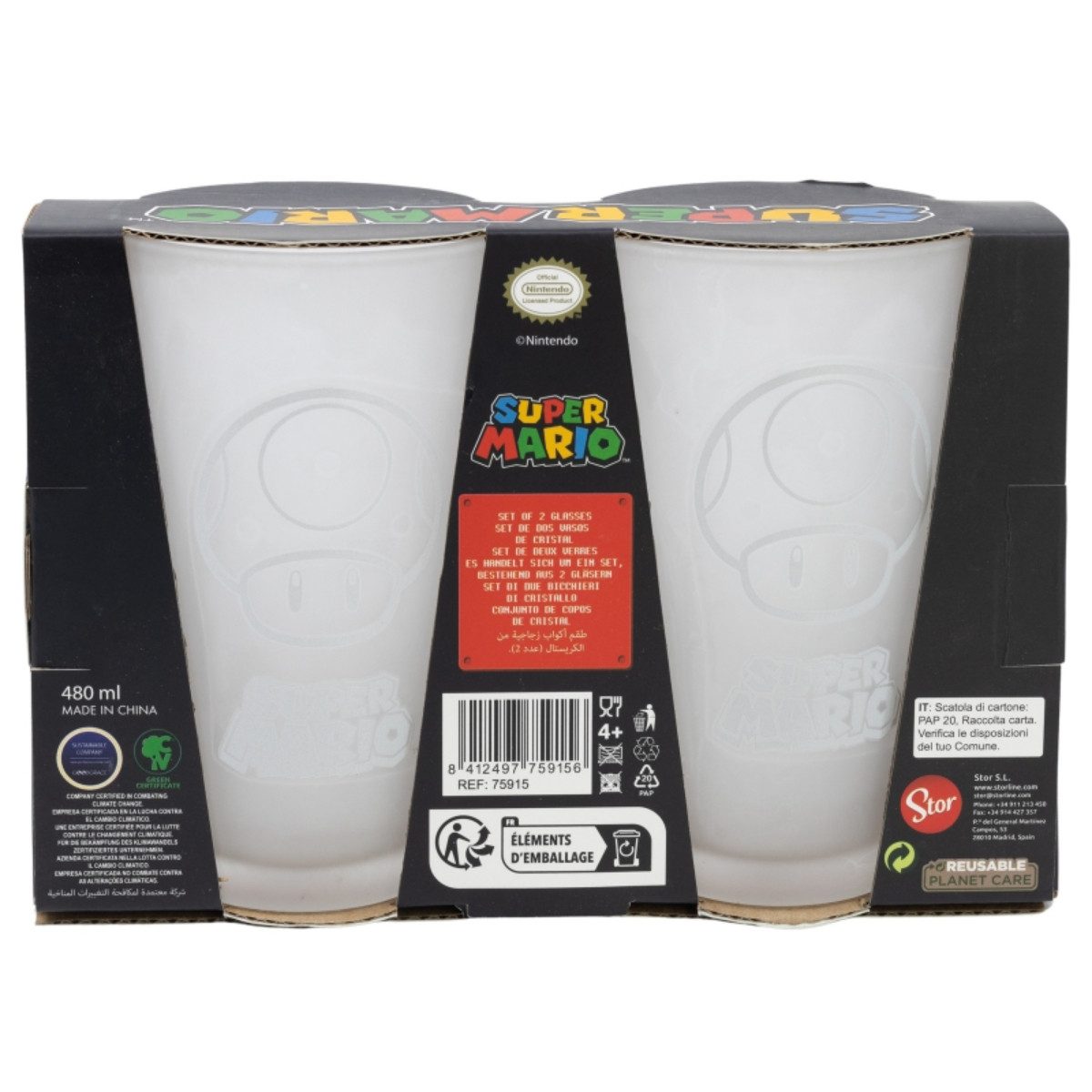 Storline Gläser-Set Super Mario 2-teilig – 490ml Tumbler für Gamer & Fans, Glas