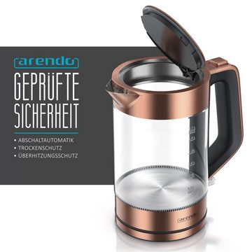 Arendo Wasserkocher, 1,7 l, 2200 W, Edelstahl & Glas, Cool-Touch-Griff, Füllstandsanzeige, Kupfer