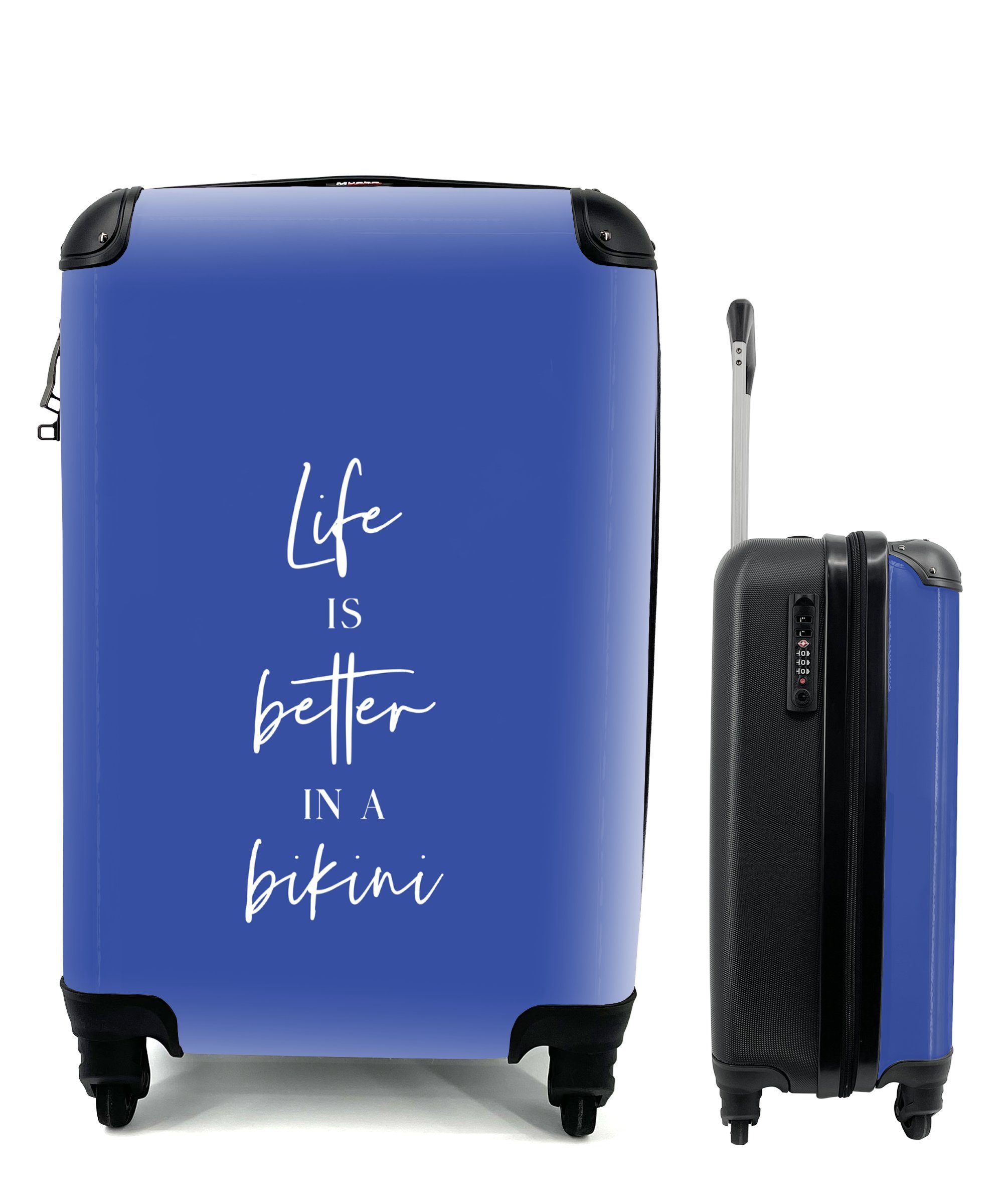 MuchoWow Handgepäckkoffer Das Leben ist besser im Bikini - Zitat - Blau, 4 Rollen, Reisetasche mit rollen, Handgepäck für Ferien, Trolley, Reisekoffer