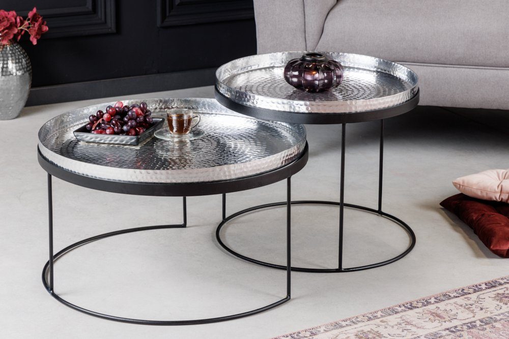 riess-ambiente Couchtisch ELEMENTS Ø60cm silber / schwarz (Set, 2-St), Wohnzimmer · Metall · rund · abnehmbare Platte · Hammerschlag Design