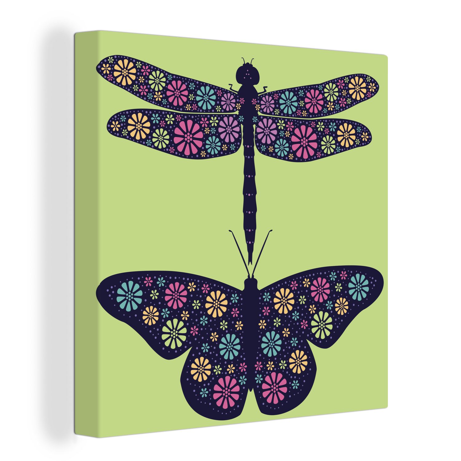 OneMillionCanvasses® Leinwandbild Eine Illustration einer Libelle und eines Schmetterlings, (1 St), Leinwand Bilder für Wohnzimmer Schlafzimmer