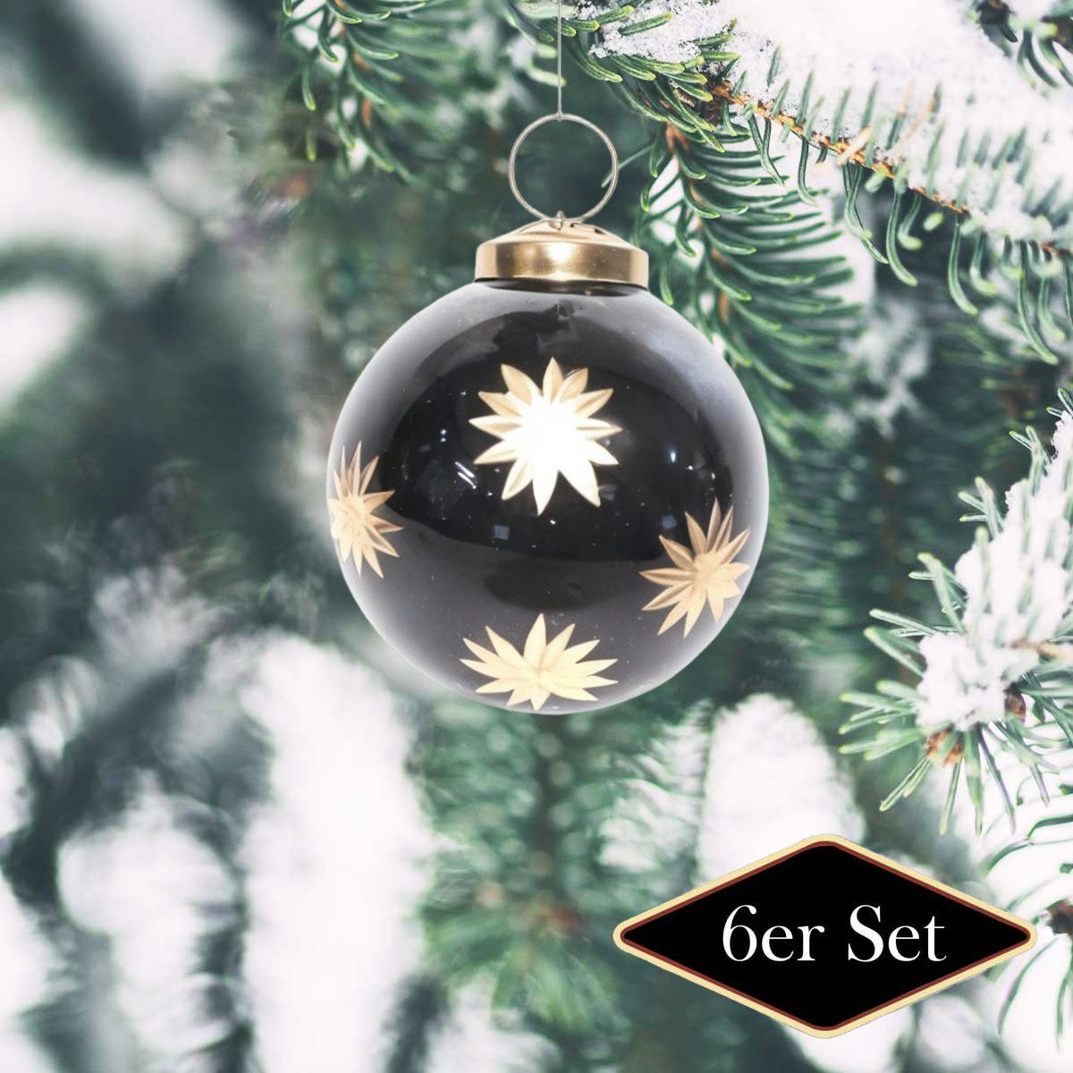 Antikas Weihnachtsfigur Weihnachtskugel Glas mit Sterne, schwarz glänzend - handgemacht in