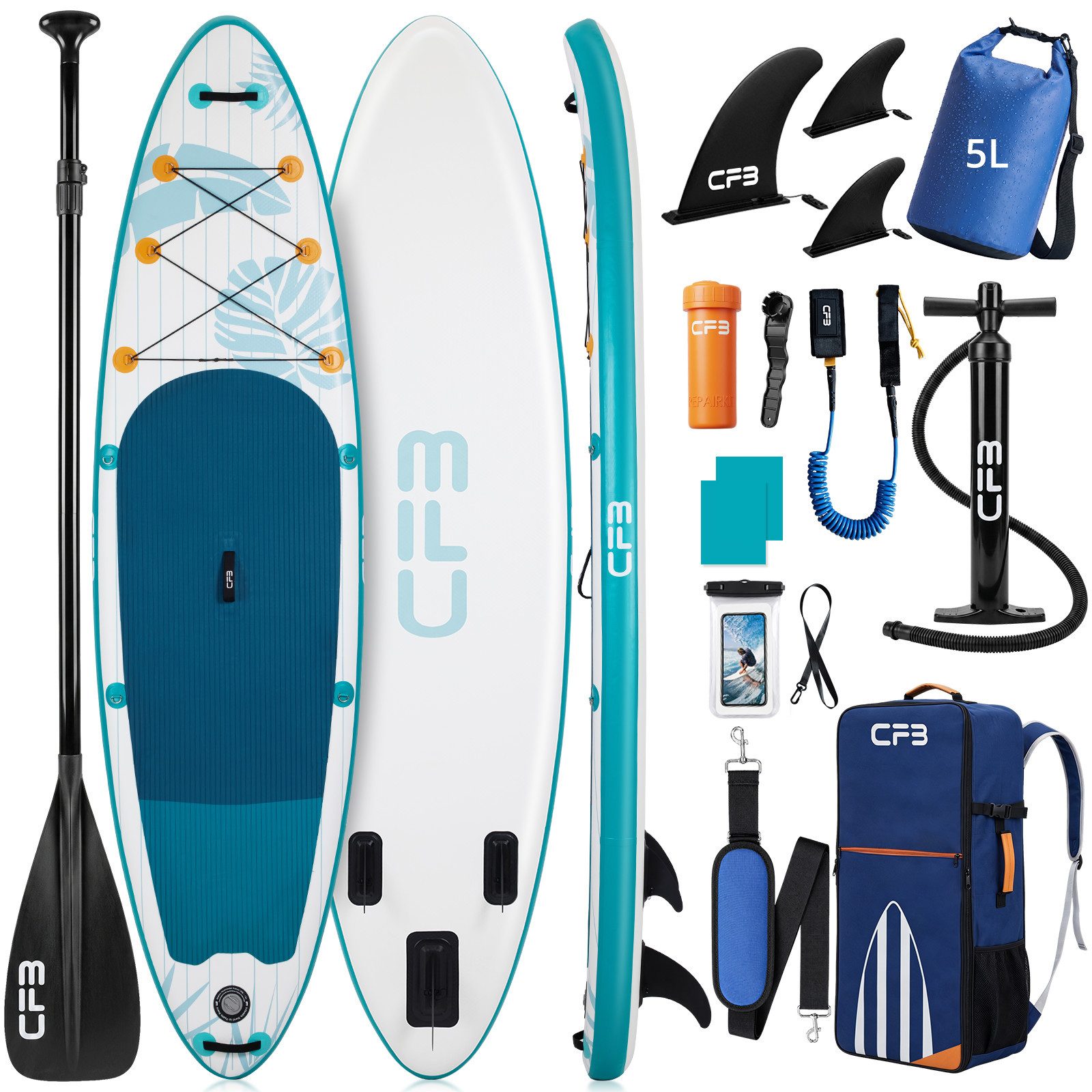 CFB SUP-Board Set 320x84x15 cm extra breit, 160 kg Traglast, aufblasbares Stand Up Paddle Board, (Komplett-Set, mit Paddel, Pumpe, Rucksack, 5L Dry Bag und Schultergurt), für Anfänger und Erwachsene