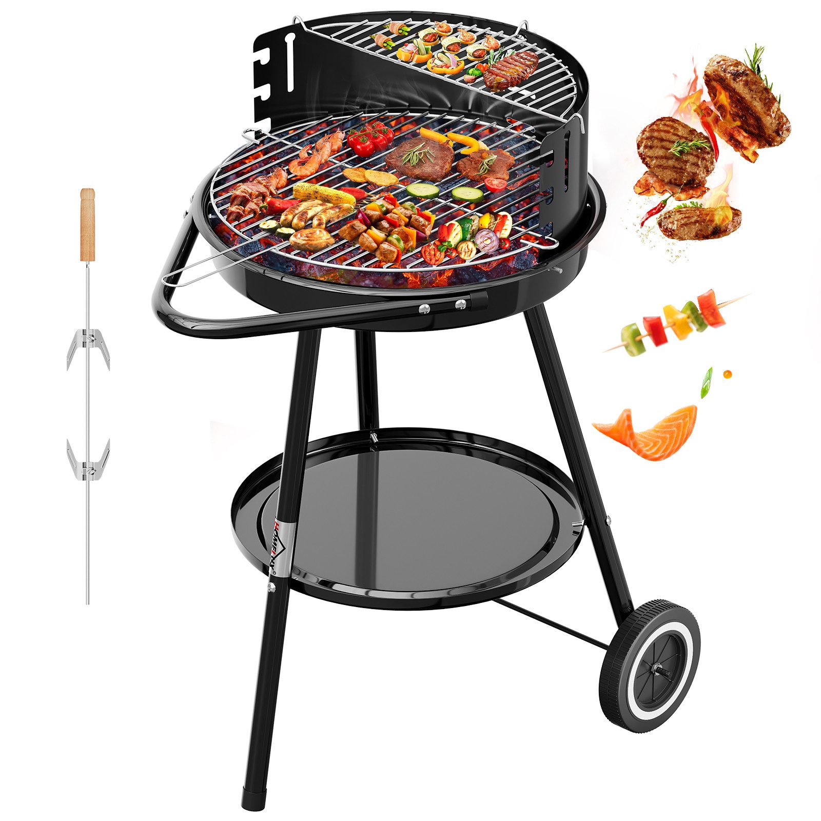 HOMELUX Holzkohlegrill Holzkohlegrillwagen BBQ Grill, Doppellagiger Grill, Set, inkl. Grillspieß, Rollen & Windschutz, Standgrill Grillwagen Rundgrill Kohlegrill