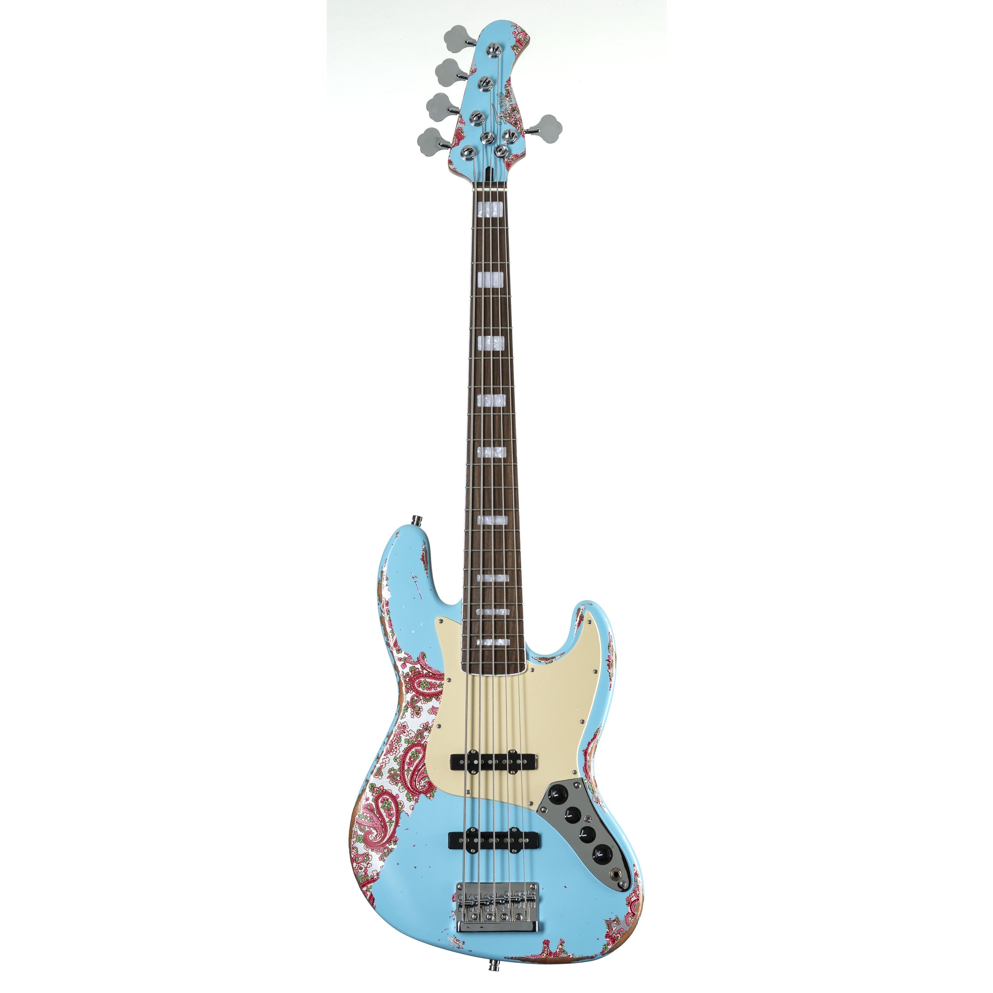 FAME E-Bass, E-Bässe, 5-Saiter E-Bässe, Custom JB 5 Worn Sonic Blue over Pink Paisley - E-Bass