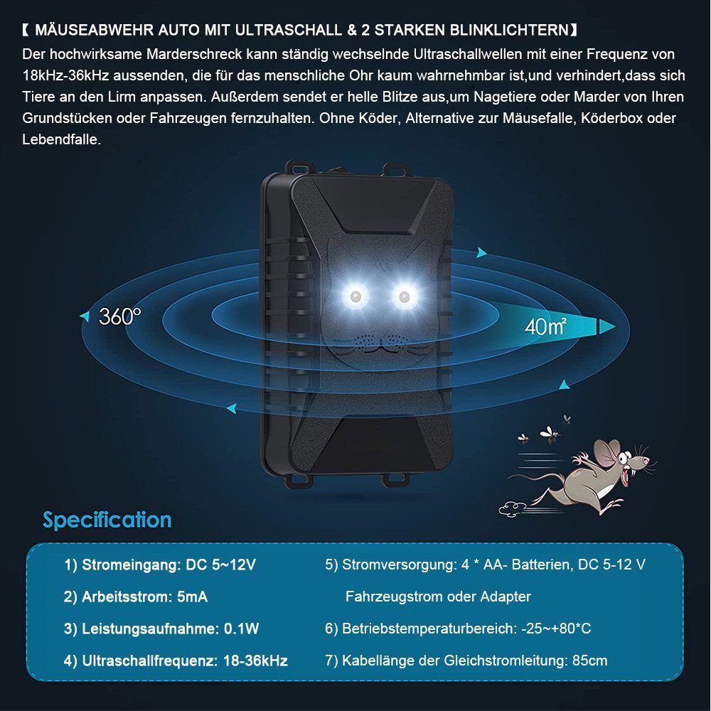XERSEK Ultraschall-Tierabwehr DC 5-12V Ultraschall Marderschutz Auto Marderschreck Marderabwehr, 18-36kHz 0.1W Schwarz 1-tlg. – Bild 5 von 5