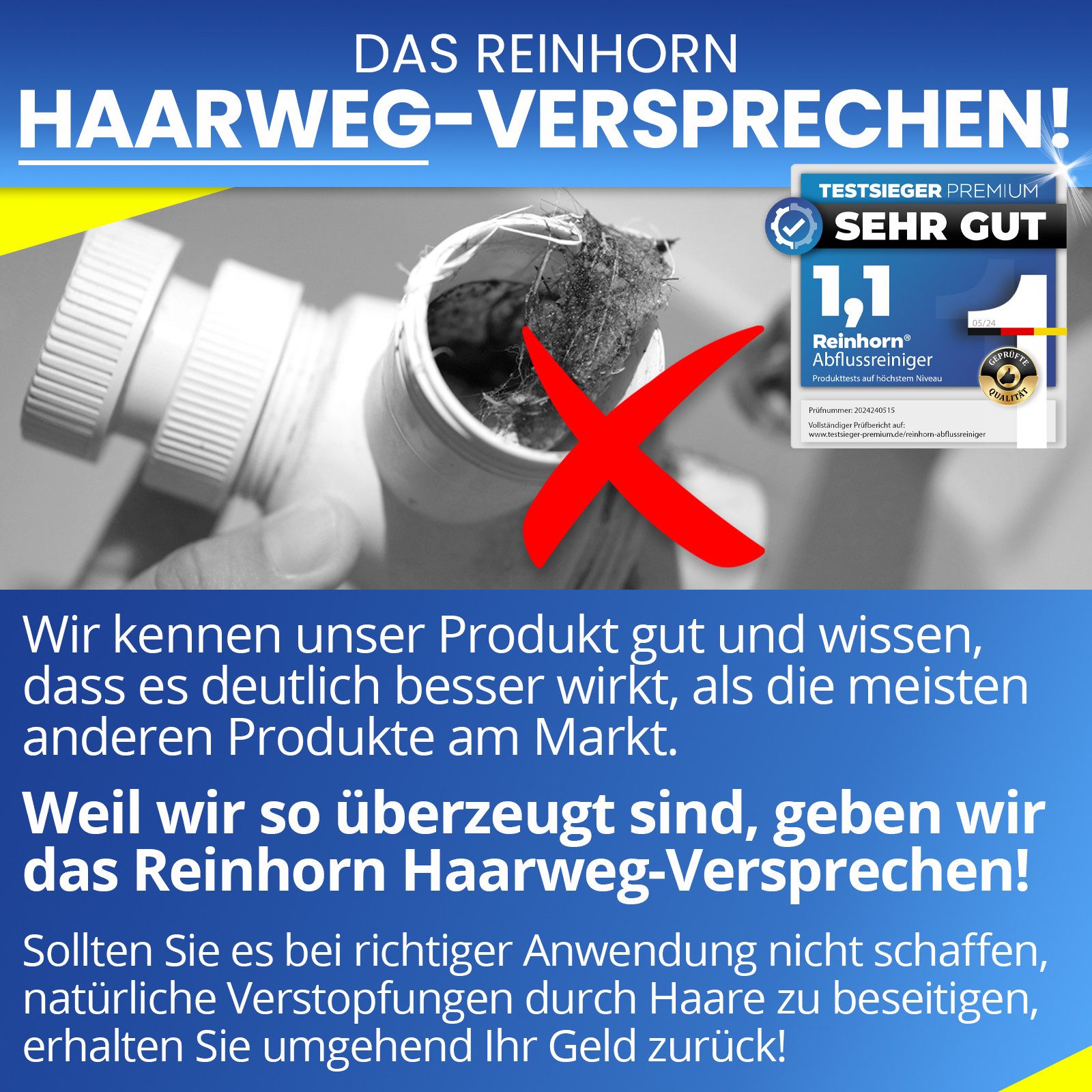 Reinhorn Abflussreiniger Rohrreiniger Stark Premium Sofort Frei löst Haare auf Rohrreiniger (Extra Stark mit Biofilm Stopp und Sofort Frei Aktivformel)