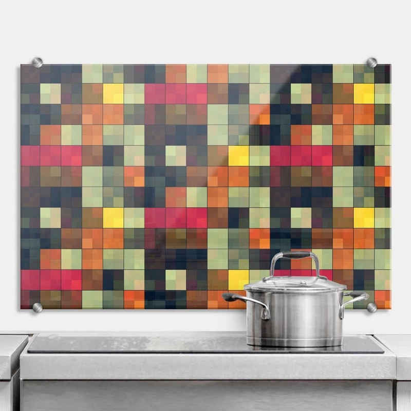 K&L Wall Art Gemälde Glas Spritzschutz Glas Küchenrückwand Pixel Retro Deko Mosaik, Wandschutz inkl Montagematerial