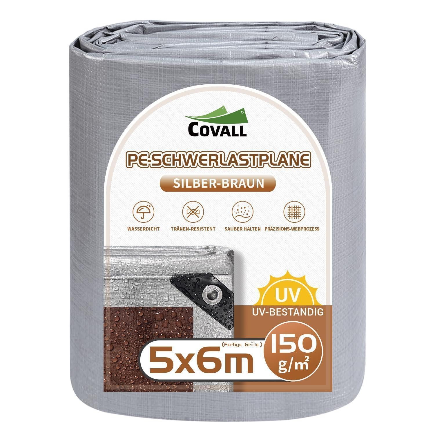 LuxusKollektion Schutzplane Abdeckplane Fertigmaß PE 150g wasserdicht Ösen UV Silber Braun 5m x 6m