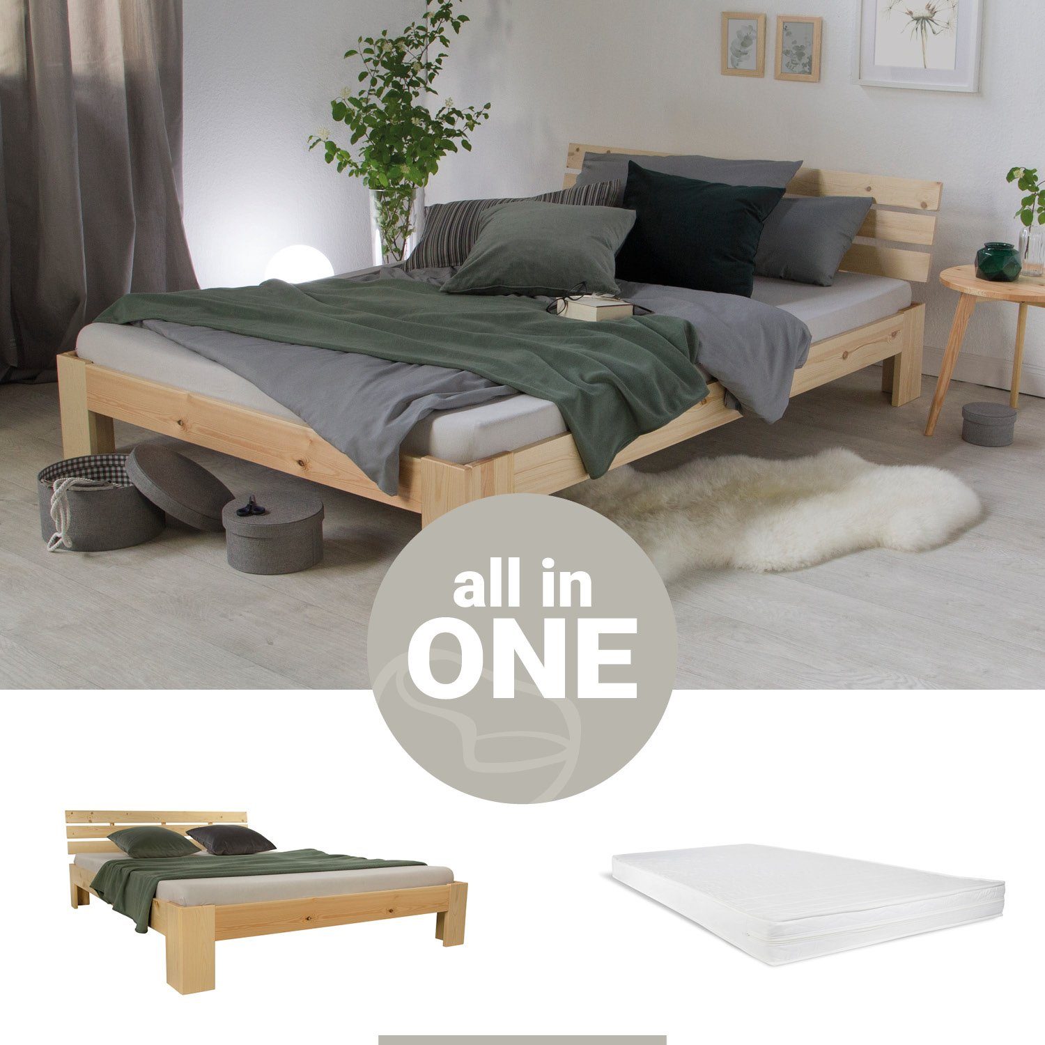 Homestyle4u Holzbett 120x200 Doppelbett Bettgestell Massiv Braun mit Kopfteil (Komplettset, mit Lattenrost und Matratze), Kiefer