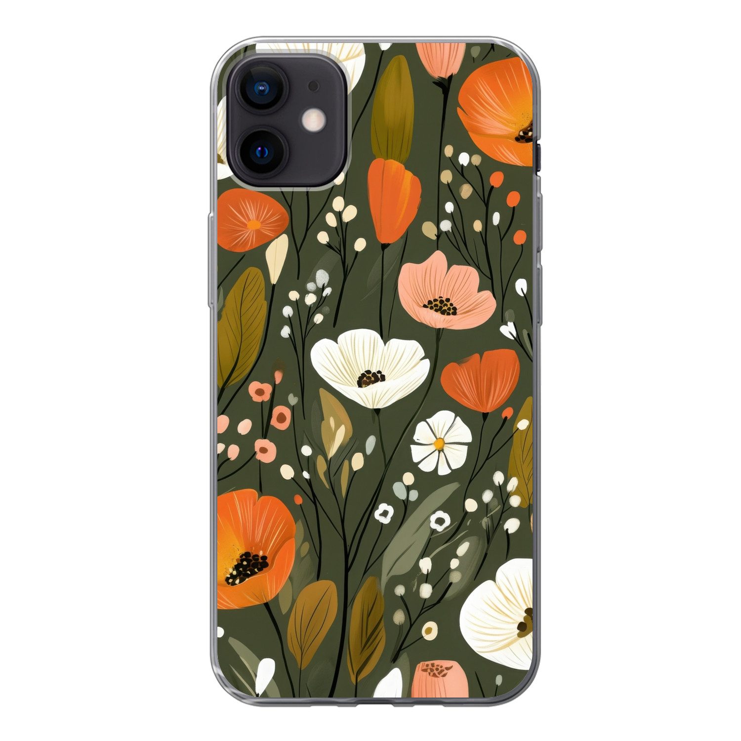 MuchoWow Handyhülle für Apple iPhone 12 Mini Blumen - Illustration - Grün, Smartphone-Bumper, Print, Handy Schutzhülle Dünn