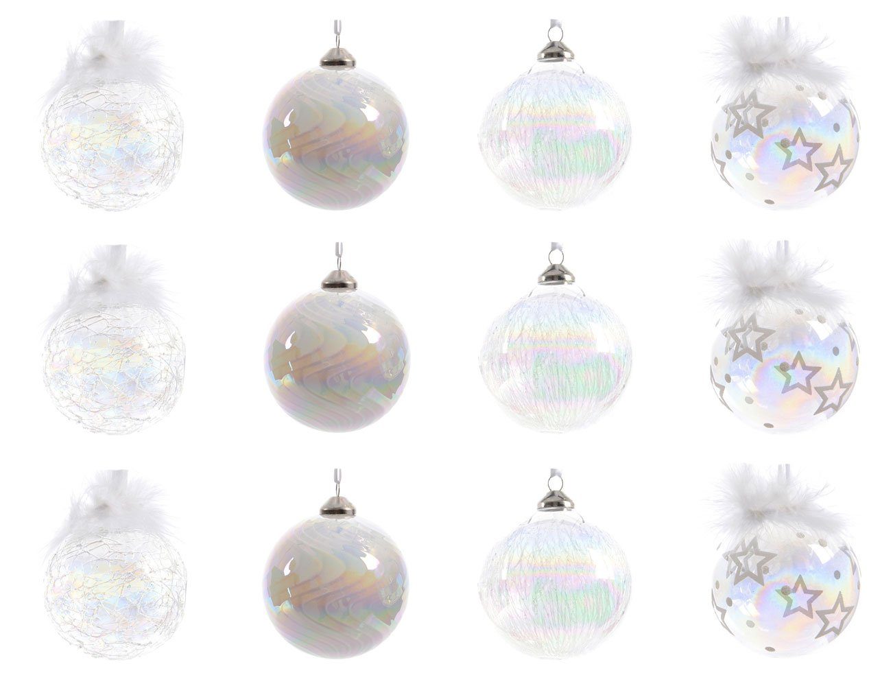 Decoris season decorations Weihnachtsbaumkugel, Weihnachtskugeln Glas mit Motiv 8cm klar / weiß / irisierend, 12er Set
