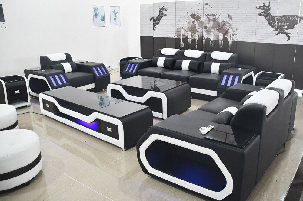 JVmoebel Wohnzimmer-Set, Sofagarnitur Set 3+2+1 Sitzer Couchtisch Garnitur Design Moderne Schwarz/Weiß
