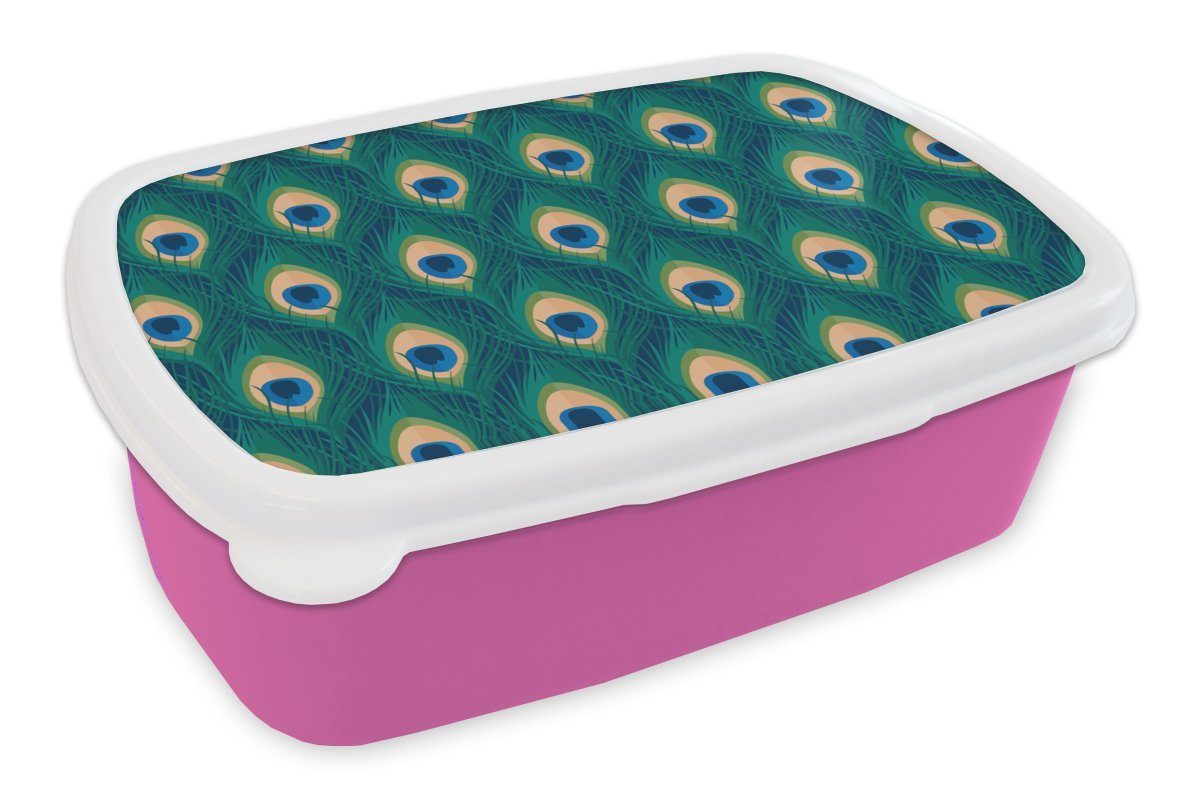 Snackbox, Blau, Pfau Federn Mädchen, Lunchbox Design Brotdose rosa Grün Erwachsene, - Kunststoff, - Brotbox (2-tlg), - Kinder, MuchoWow Kunststoff - für