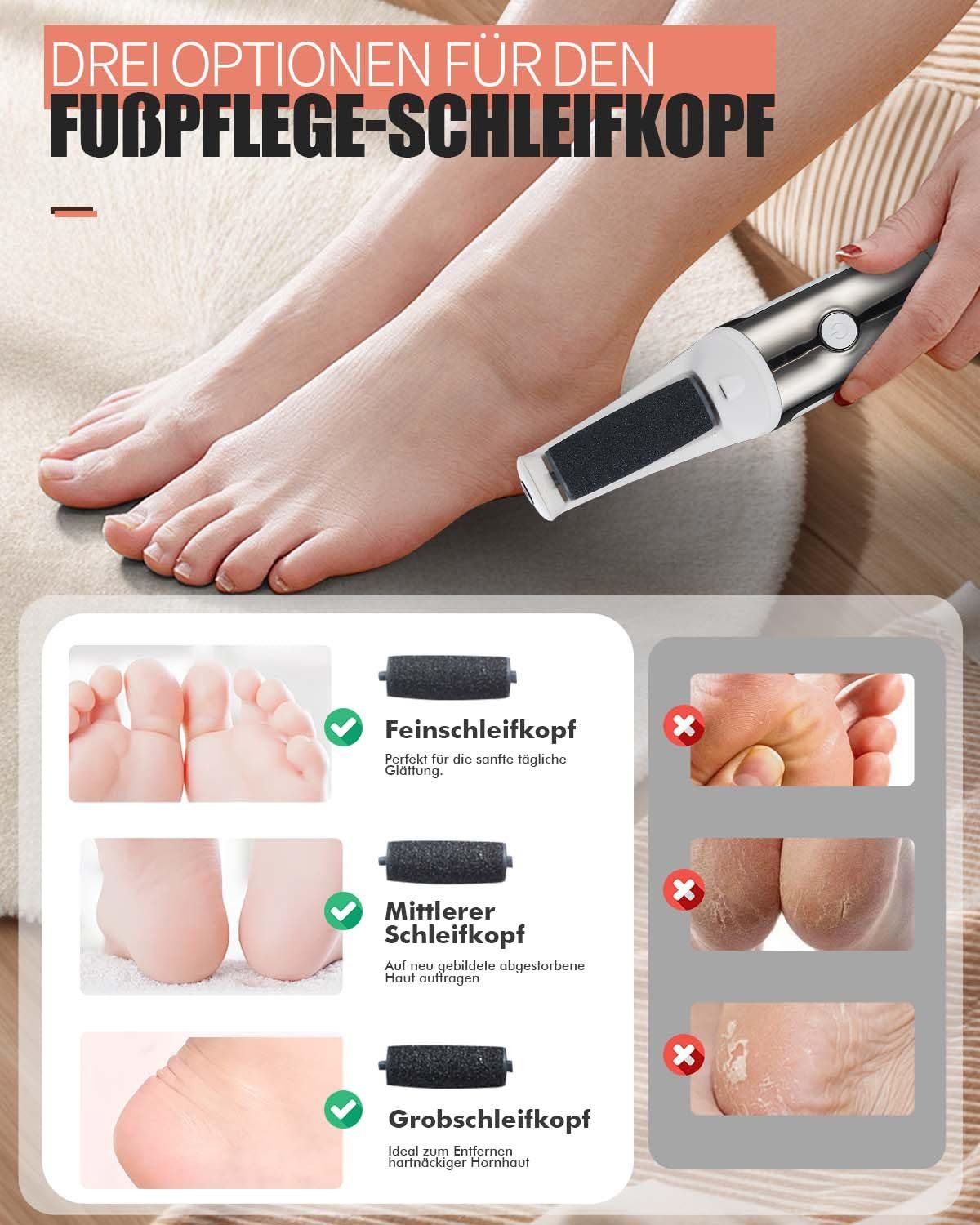 AIBISTAR Elektrischer Hornhautentferner Hornhautentferner Elektrischer Fußpflegegerät, 3 Stufen, USB-C, IPX4, 3 Wechselrollen,Professionelle Fußpflege für zu Hause