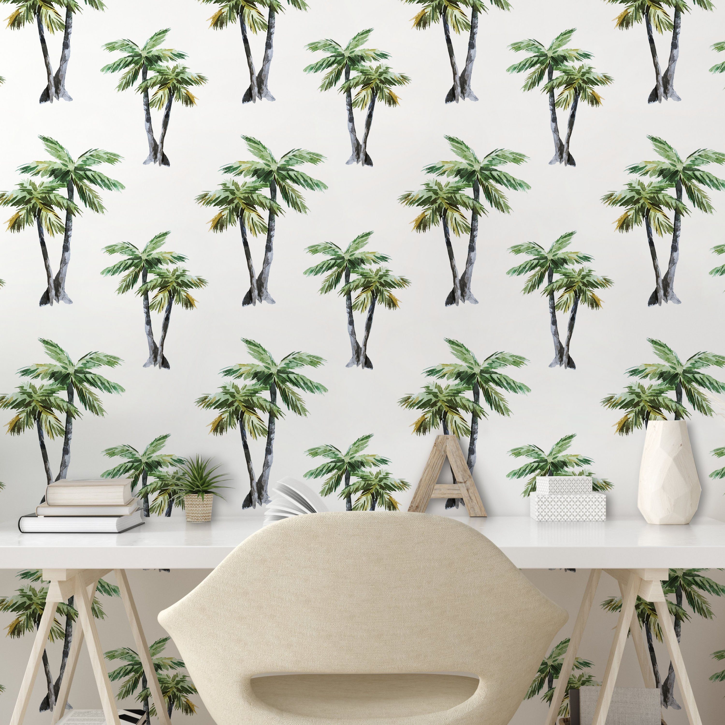 Abakuhaus Vinyltapete selbstklebendes Küchenakzent, Wohnzimmer Aquarell-Bäume Palme Kunst