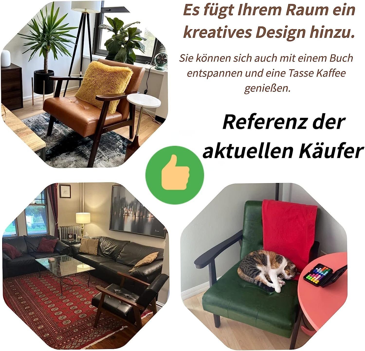 HomeMiYN Loungesessel mit Wohnzimmer Armlehnen, Holzfoben Karamell Loungesessel Polsterstuhl Retro mit Holzsessel