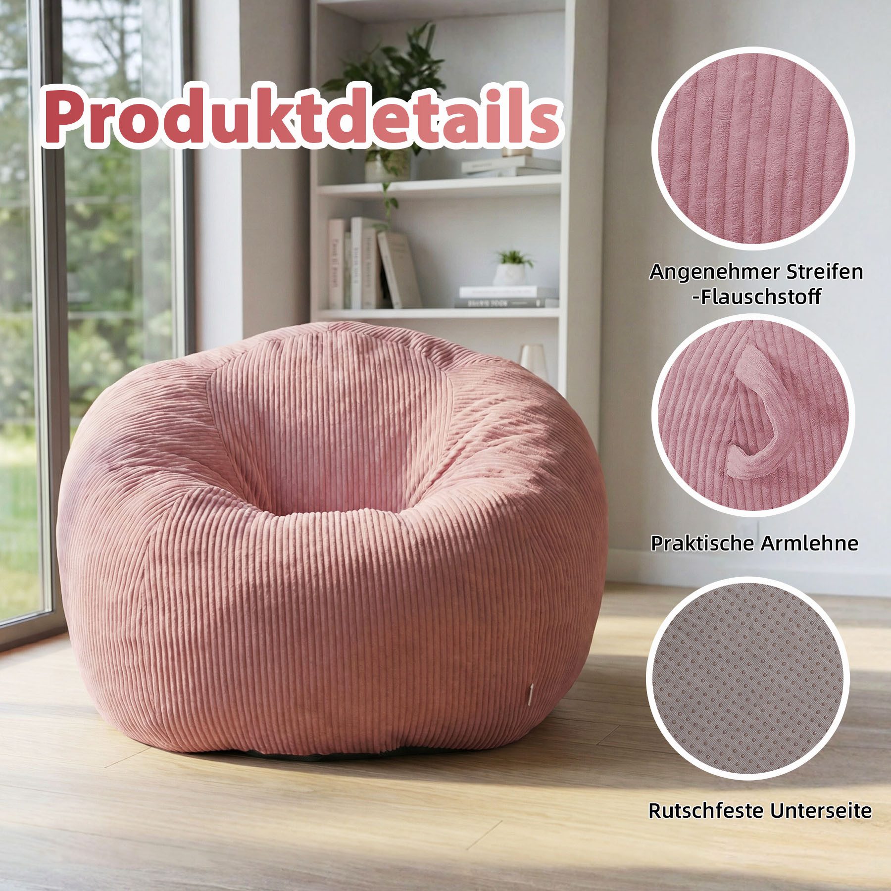 HomeMiYN Sitzsack Rund Sitzsack XXL aus Cord weiches Sofa für Wohnzimmer – Bild 4 von 5