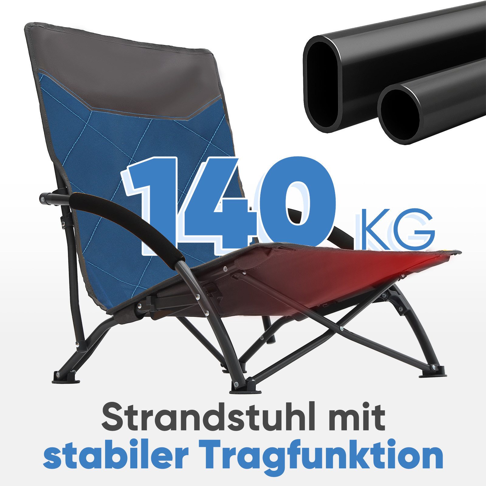 Sekey Klappstuhl Strandliegestuhl Klappbar leicht niedriger Strandstuhl Campingstuhl, mit Niedrigen Stuhlbeinen und bequeme Rückenlehne, bis 140 kg