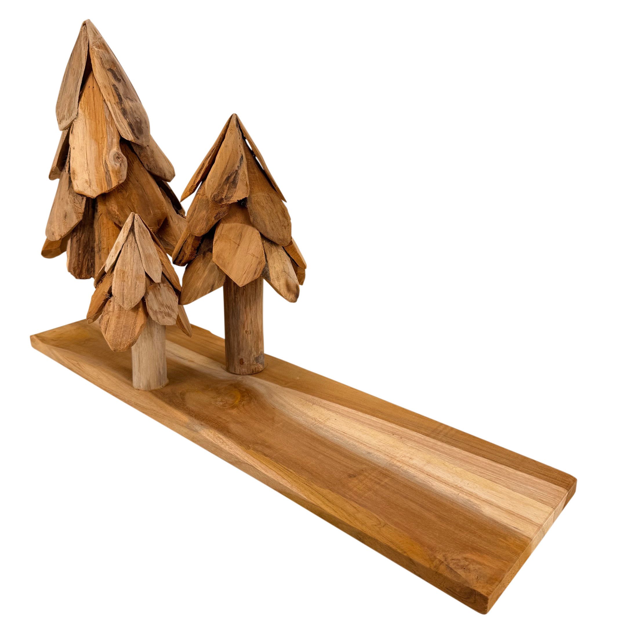 Online-Fuchs Dekotablett länglich aus Teakholz - DIY Deko für Herbst, Winter & Weihnachten (mit 3 handgeschnitzten Tannenbäumen, 20, 30 und 40 cm hoch), schafft eine natürliche wohnliche Atmosphäre