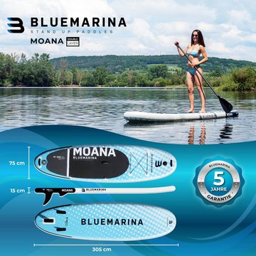 Bluemarina SUP-Board Aufblasbares Bluemarina SUP Board Moana inkl. 5 J. Garantie, Stand Up Paddle Board, (15 cm dick, 3 PVC Schichten, max 180 kg), Paddling board, Paddelboard, Surfboard, (D-Ringe - UV Resistentes PVC - Transportrucksack - Wasserabweisend - Rocker-Profil - 3-Finnen System - Rutschfest, bis 130 kg - Double Layer - 3-Finnen - Action-Cam-Halterung), Surfbrett - Surfboard - Paddelboard - Stand Up Paddle