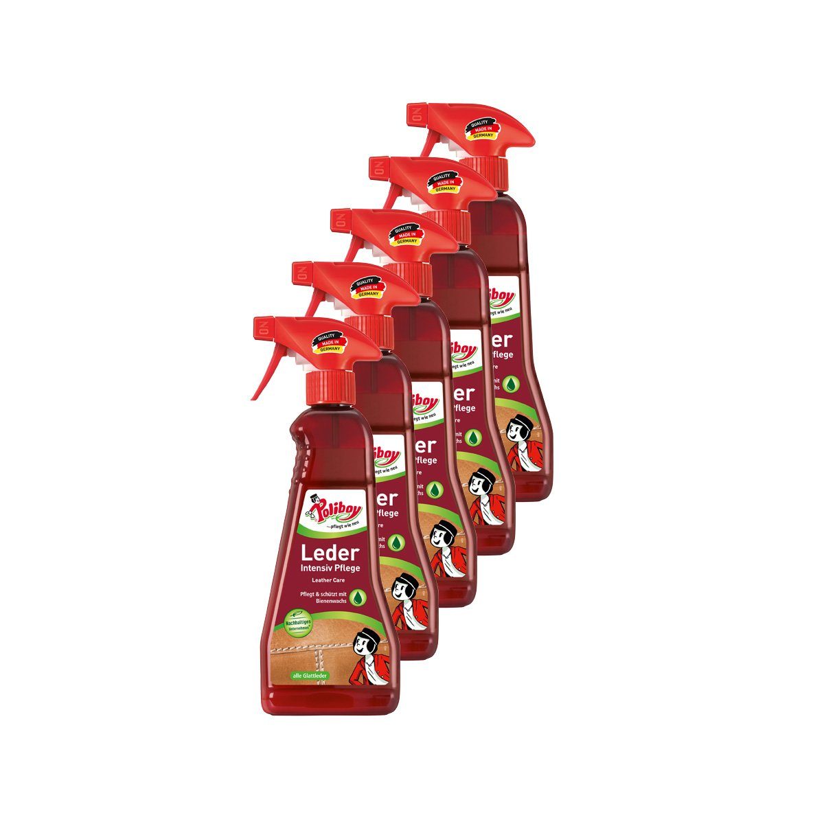 poliboy Leder Intensiv Pflege - reinigt, pflegt und schützt - 5x375ml Lederreiniger (für alle glatten und genarbten Leder - Made in Germany)