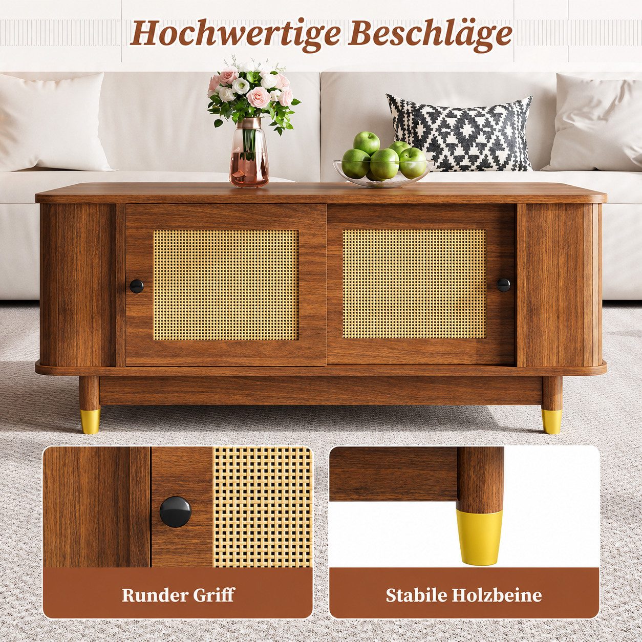 ANYSUN Couchtisch Rattan Couchtisch mit Schiebetüren, Stauraum & Wohnzimmertisch (1 Couchtisch), 00 × 50 × 42 cm, Holzoptik, MDF, moderner Sofatisch fürs Wohnzimmer