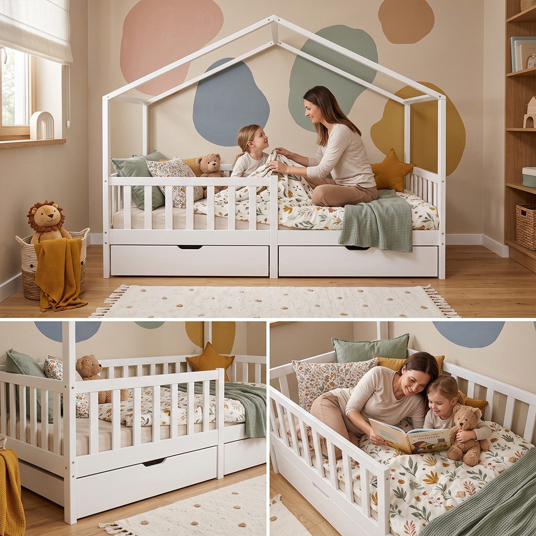 Bellabino Kinderbett Bia mit Rausfallschutz & Lattenrost (weiß, mit zwei Schubladen), Kinderbett aus Kiefernholz, verfügbar in 80x160/90/120/140x200 cm – Bild 5 von 5