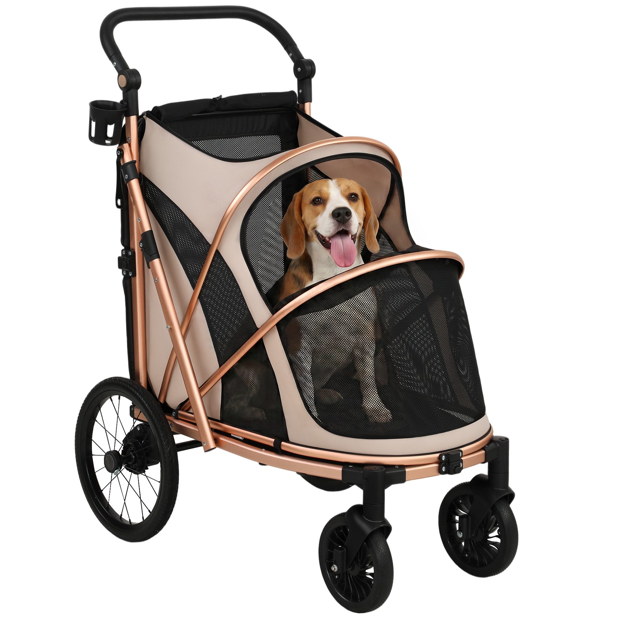 PawHut Hundebuggy Hundetrolley mit 360°Drehrädern Netzfenster Kissen Verstellbar Griff, (Faltbar Hundewagen, 1-tlg), für mittelgroße Hunde bis 20 kg Hellbraun