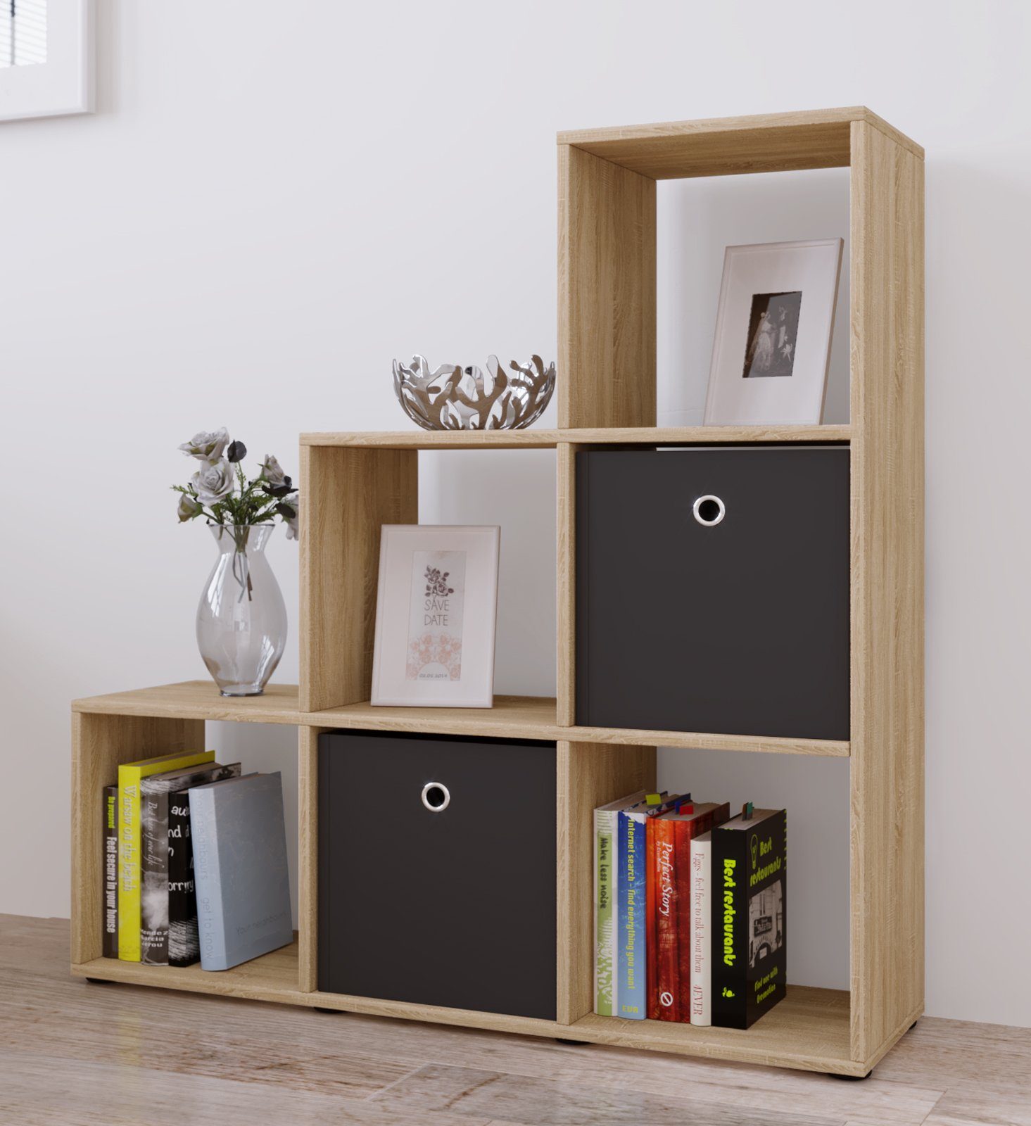 VCM Standregal Bücherregal Nitas H. 105 x B. 108 x T. 29 cm, Holzregal stehend, Raumteiler, CD DVD Aufbewahrung