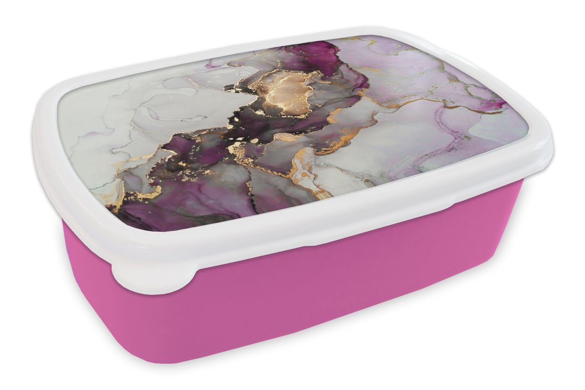 MuchoWow Lunchbox Marmor - Abstrakt - Gold - Lila, Kunststoff, (2-tlg), Brotbox für Erwachsene, Brotdose Kinder, Snackbox, Mädchen, Kunststoff rosa