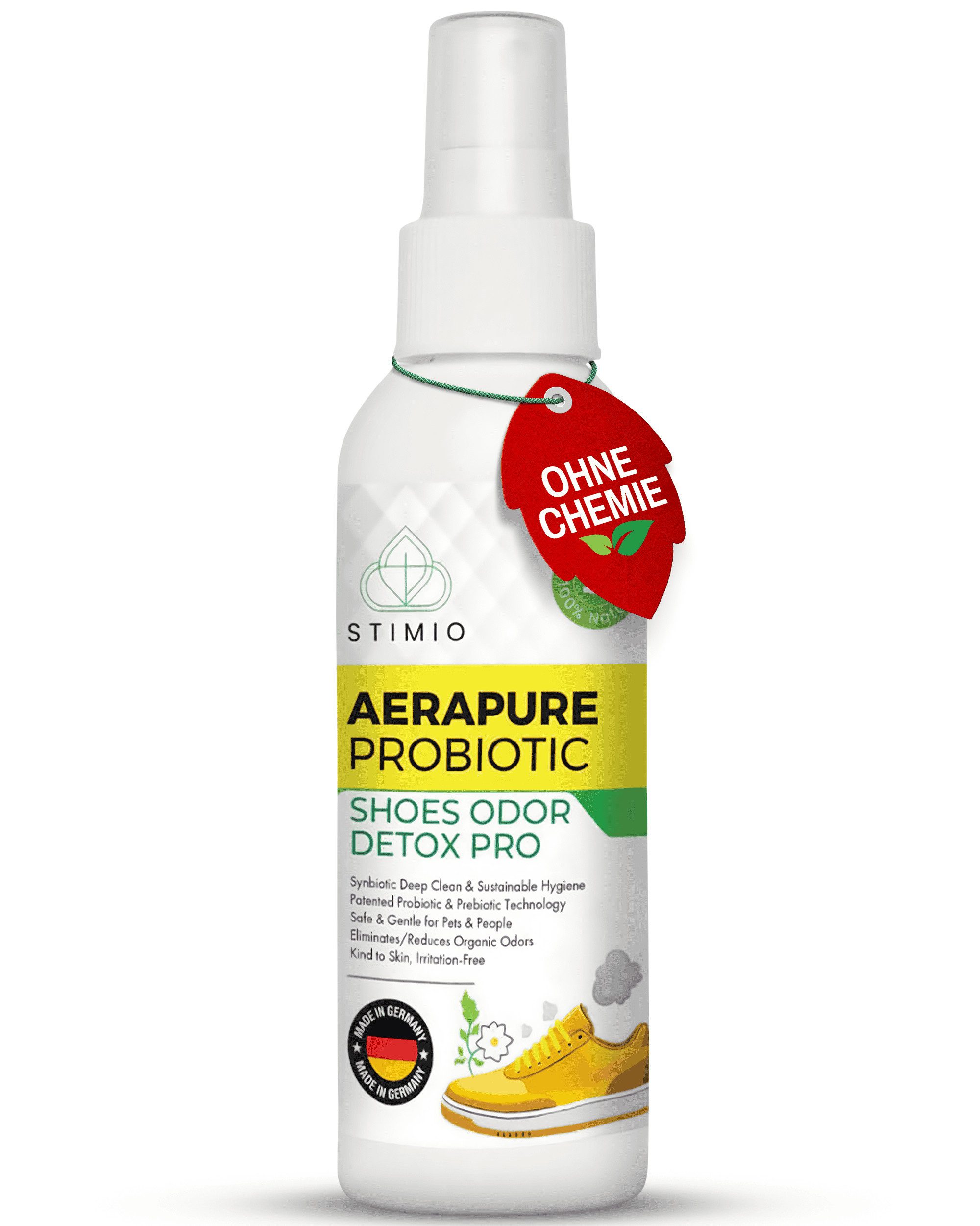 Stimio Geruchsentferner Innovatives Schuhdeo Spray Bio (1 Flasche, 1-St., Geruchsneutralisierer Schuhe, Probiotisch, ohne Chemie, antiallergen), natürlich und effektiv gegen Fuß- & Schuhgeruch, auch für Schuhschrank