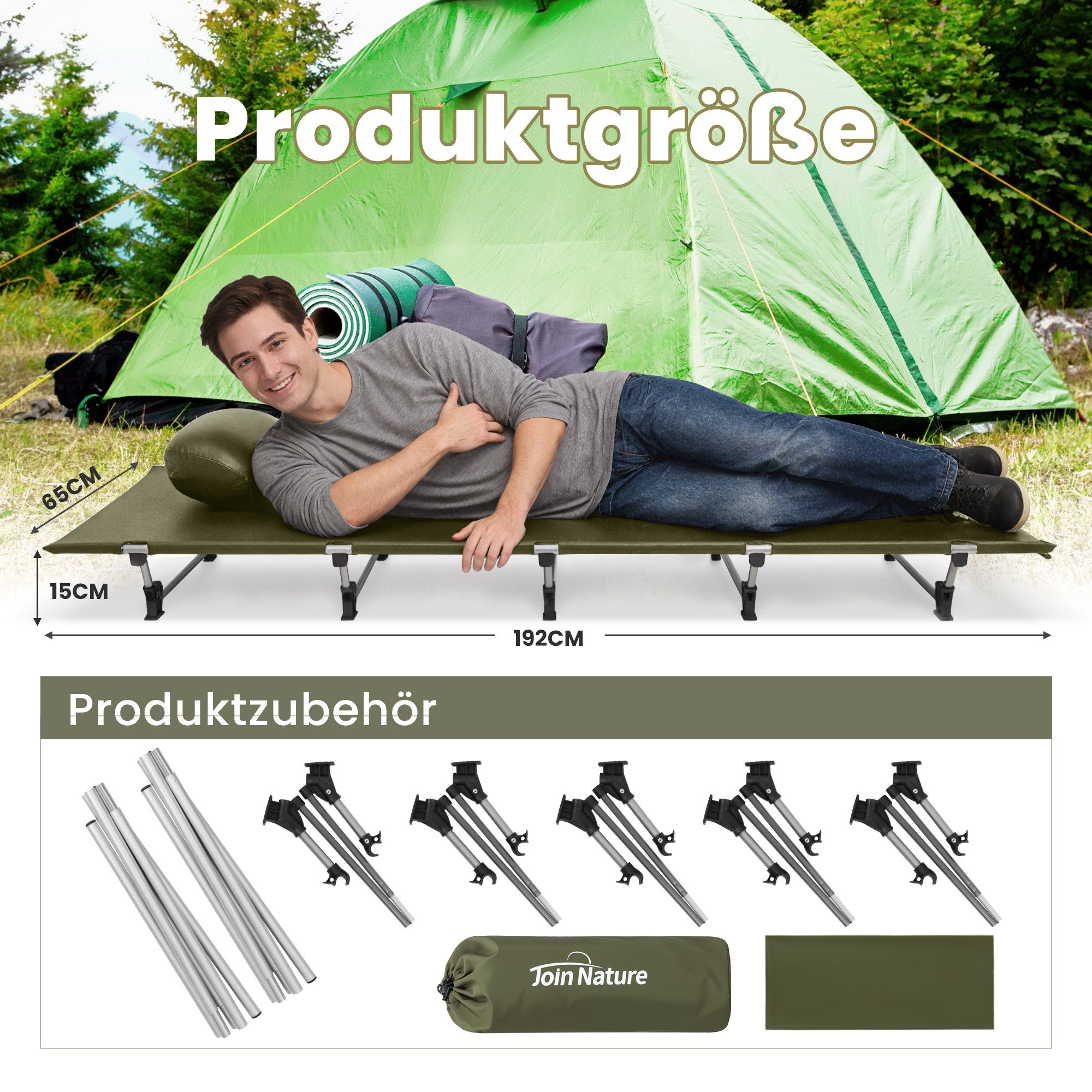 HOMECALL Feldbett Ultraleichtes Campingbett klappbar für Erwachsene für Zelten (Campingliege 150 kg Belastbar) für Zelten, Wandern, Outdoor, Büro Mittagspause, Gästebett Join Nature
