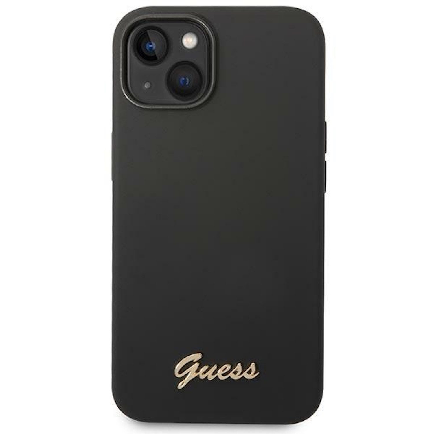 Guess Handyhülle Guess Apple iPhone 14 Hard Case Silicone Vintage Gold Logo Schwarz