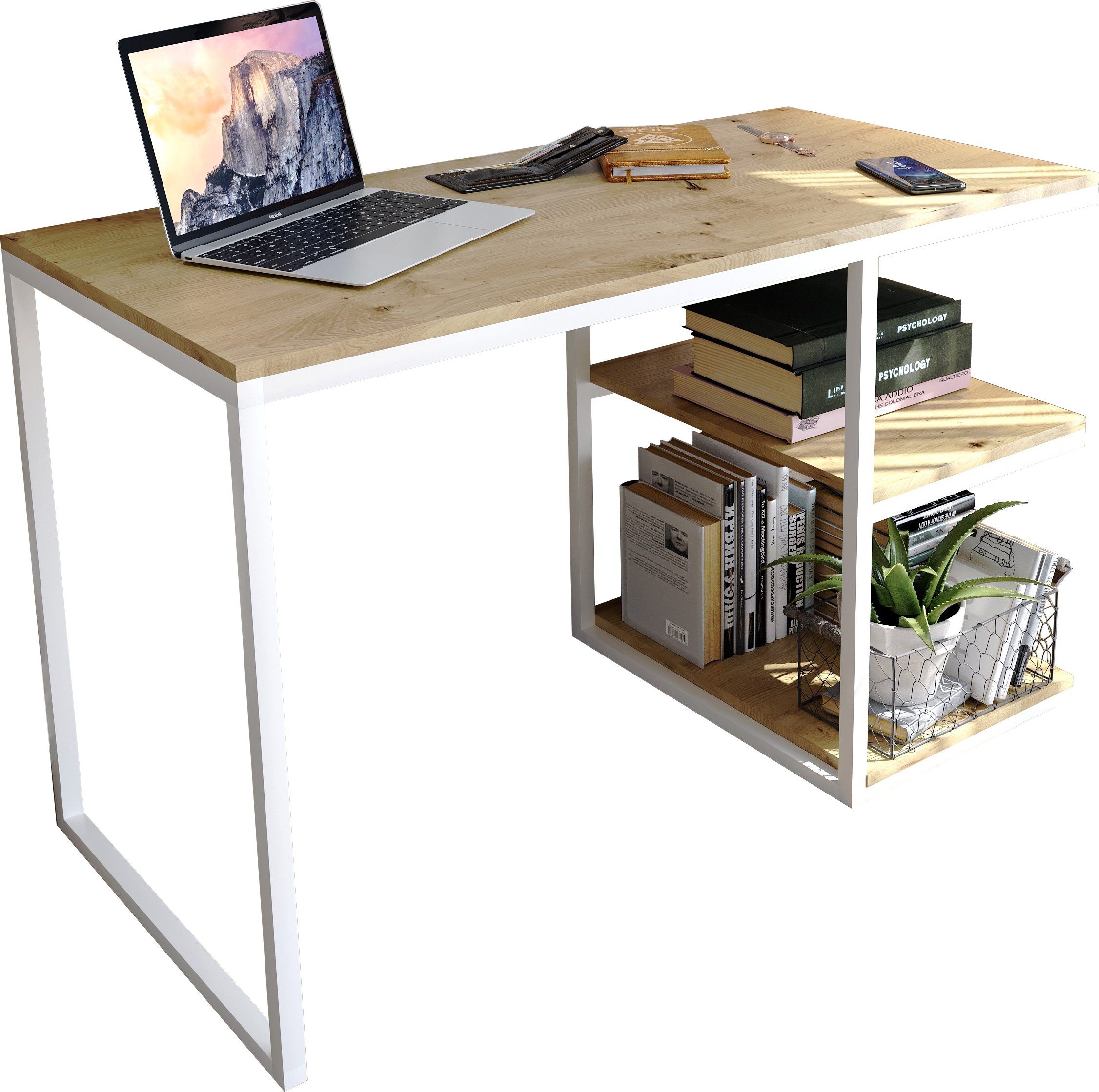 Domando Schreibtisch Schreibtisch Capoliveri, Breite 120cm, Metallgestell pulverbeschichtet Weiß und Artisan Eiche