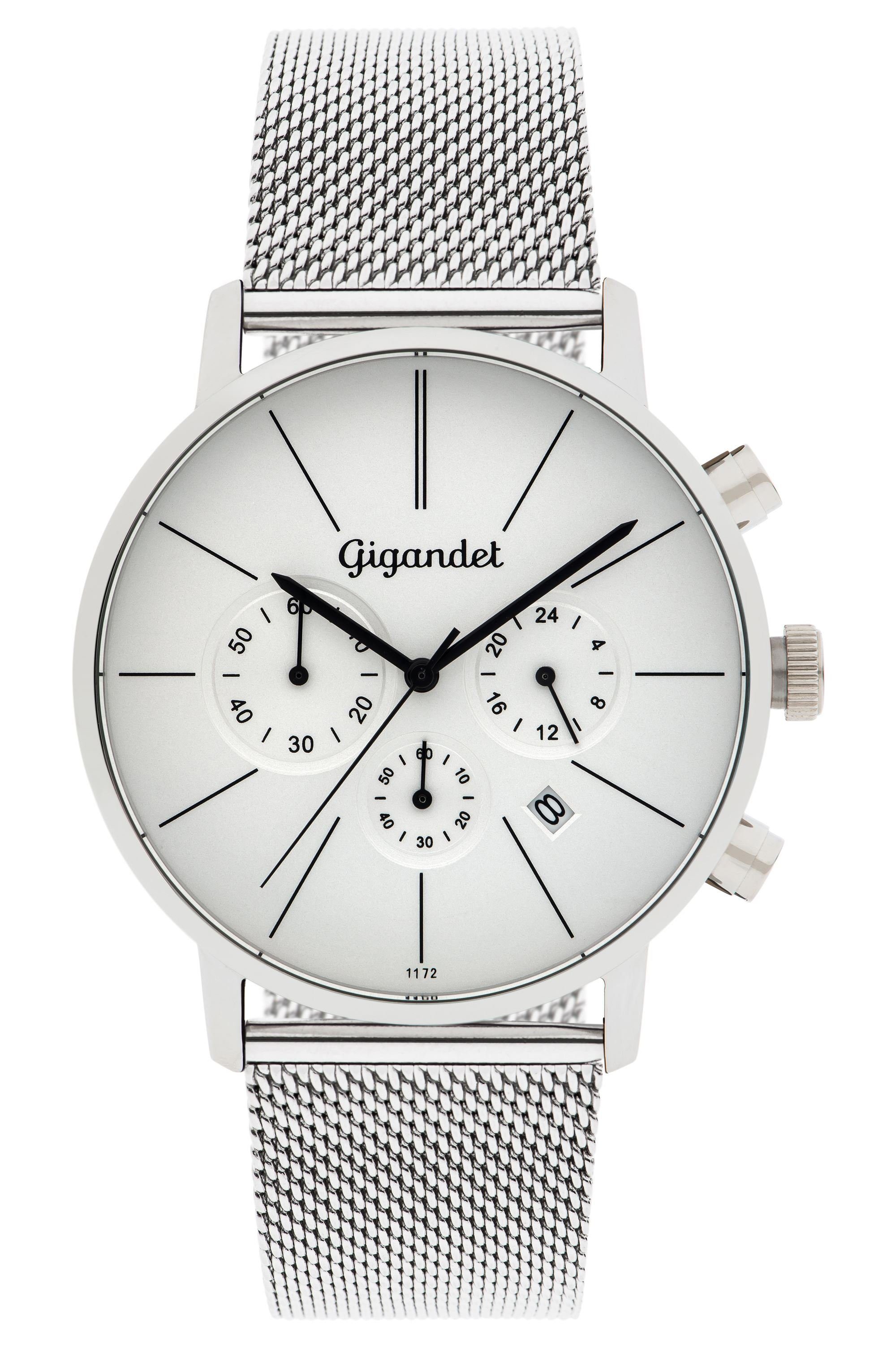 Gigandet Chronograph MINIMALISM Armbanduhr Uhr Damenuhr Herrenuhr Unisex weiß silber G32-005, Mesharmband, Edelstahlgehäuse, 3ATM wasserdicht, Modell G32-005