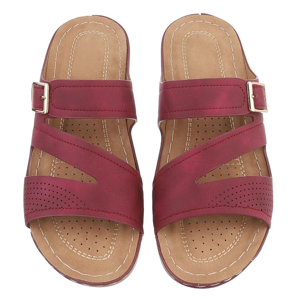 Ital-Design Damen Keilsandale mit Schnalle und Komfortfußbett Pantolette (91849268) Keilabsatz/Wedge Keilsandaletten in Weinrot – Bild 4 von 5
