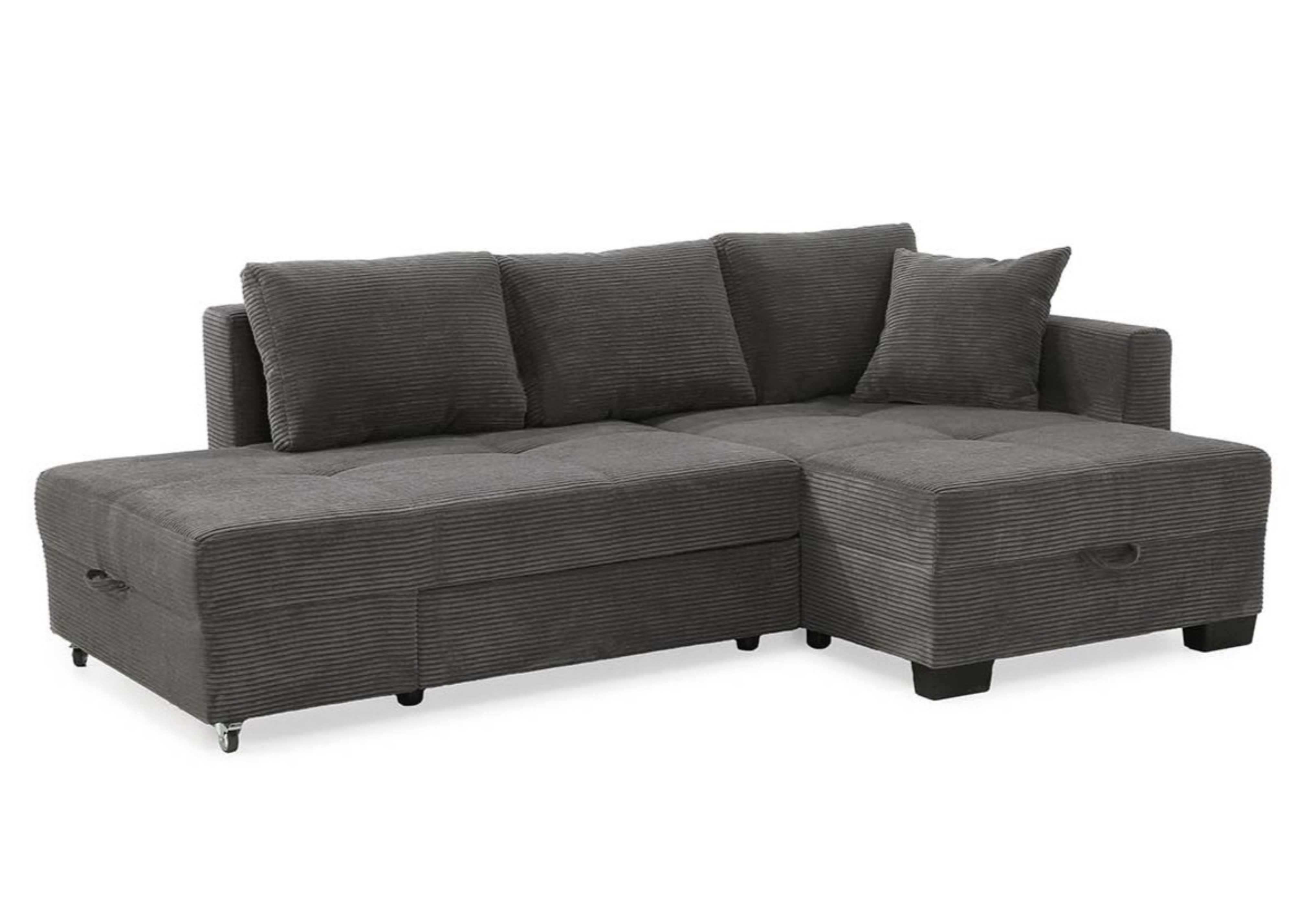 luma-home Ecksofa 15214, mit Schwenkfunktion B247/T155/H87 cm für Umbau zum Doppelbett mit Liegefläche 183x207 cm, platzsparend, Ottomane beidseitig montierbar, Bettkasten, Cord in Dunkelgrau