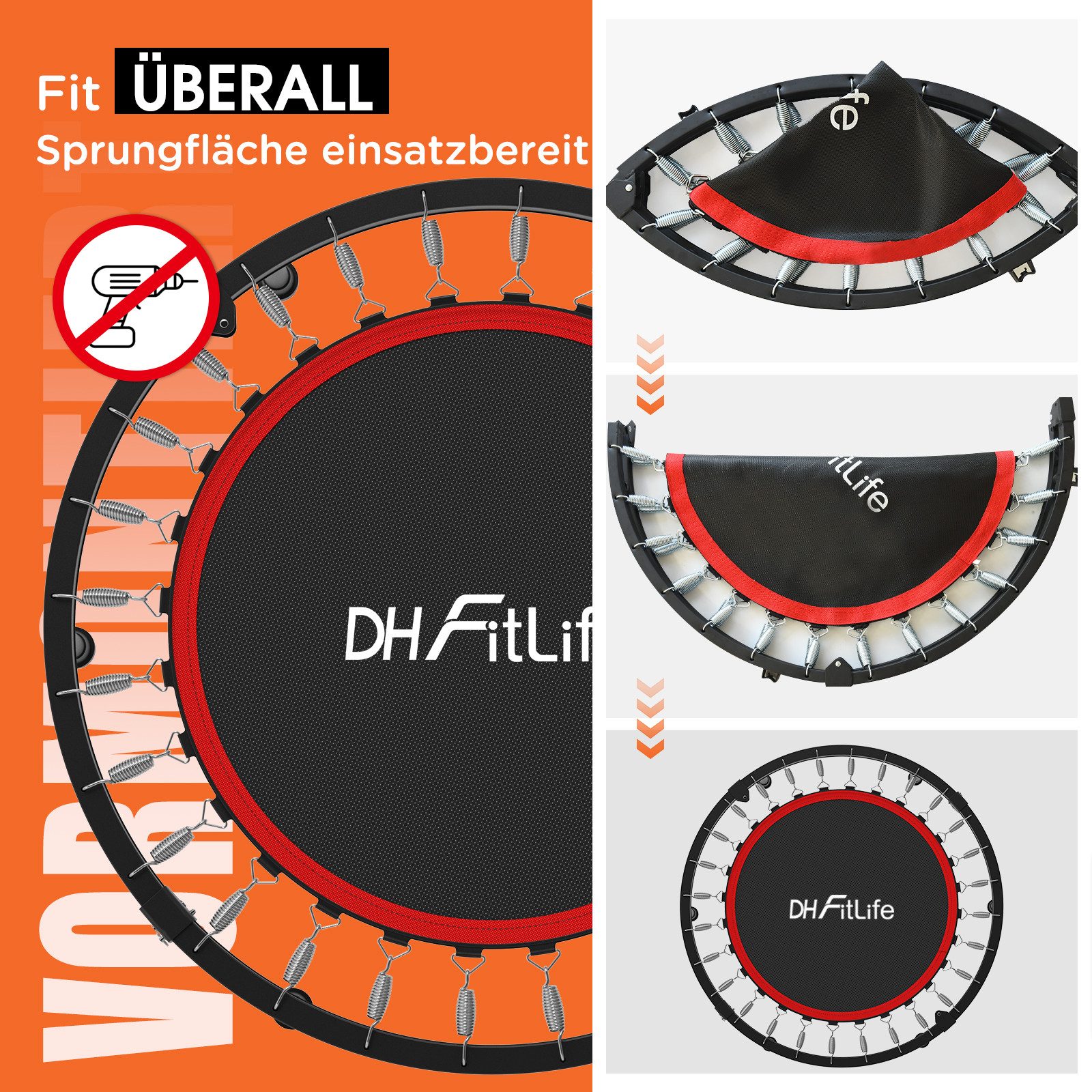 DH FitLife Fitnesstrampolin Indoor Trampolin klappbar ohne Installation Ø102cm 40 Zoll, Ø 102 cm, (Tragfähigkeit 150 KG, 4 verstellbare Handgriffstufen), Tragfähigkeit 150 kg, stabil und leise für Erwachsene