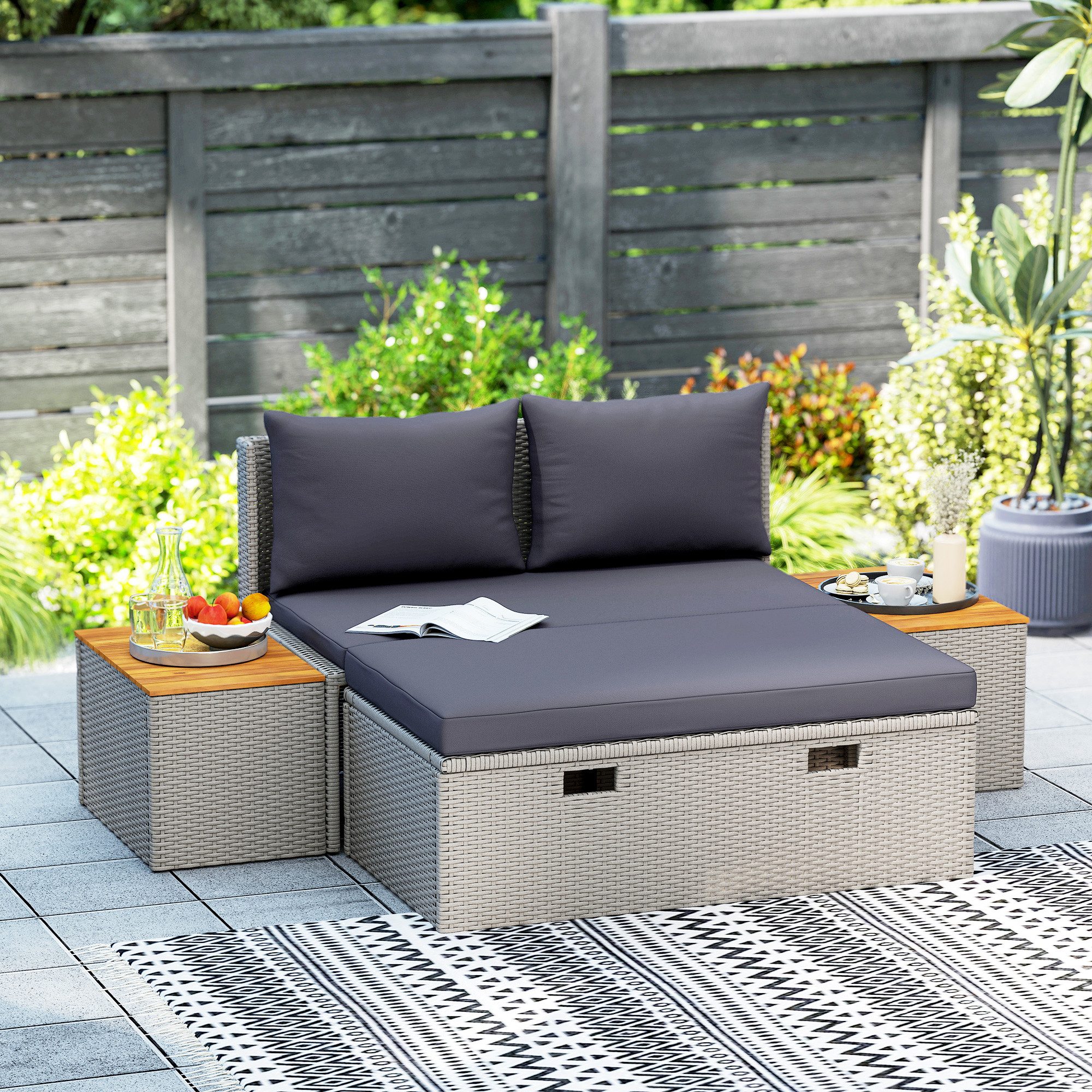 Outsunny Gartenliege mit Fußhocker, Stauraum, Schirmloch, günstig online kaufen