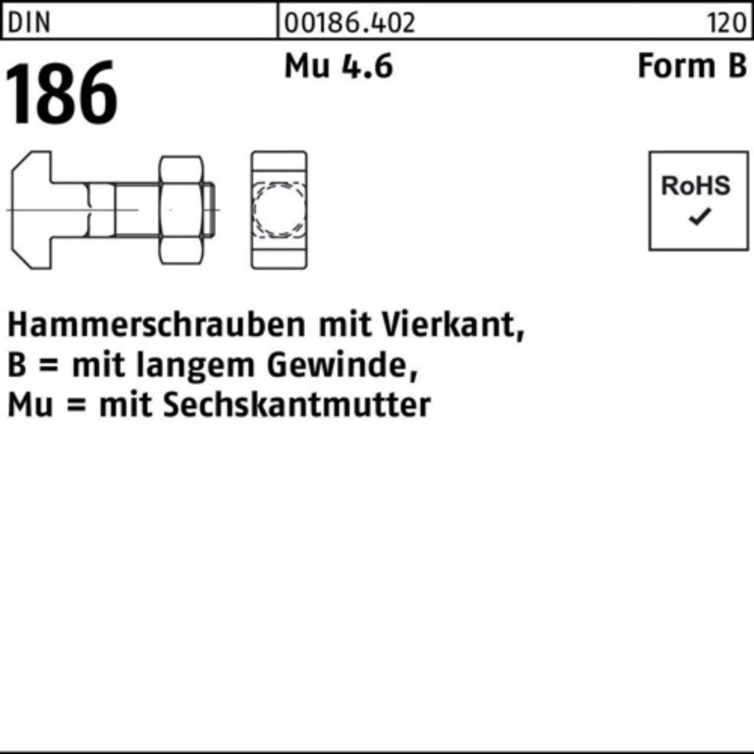 Vierkant Hammerschraube Schraube DIN FormB 100er 80 Pack 186 6-ktmutter Reyher BM 16x