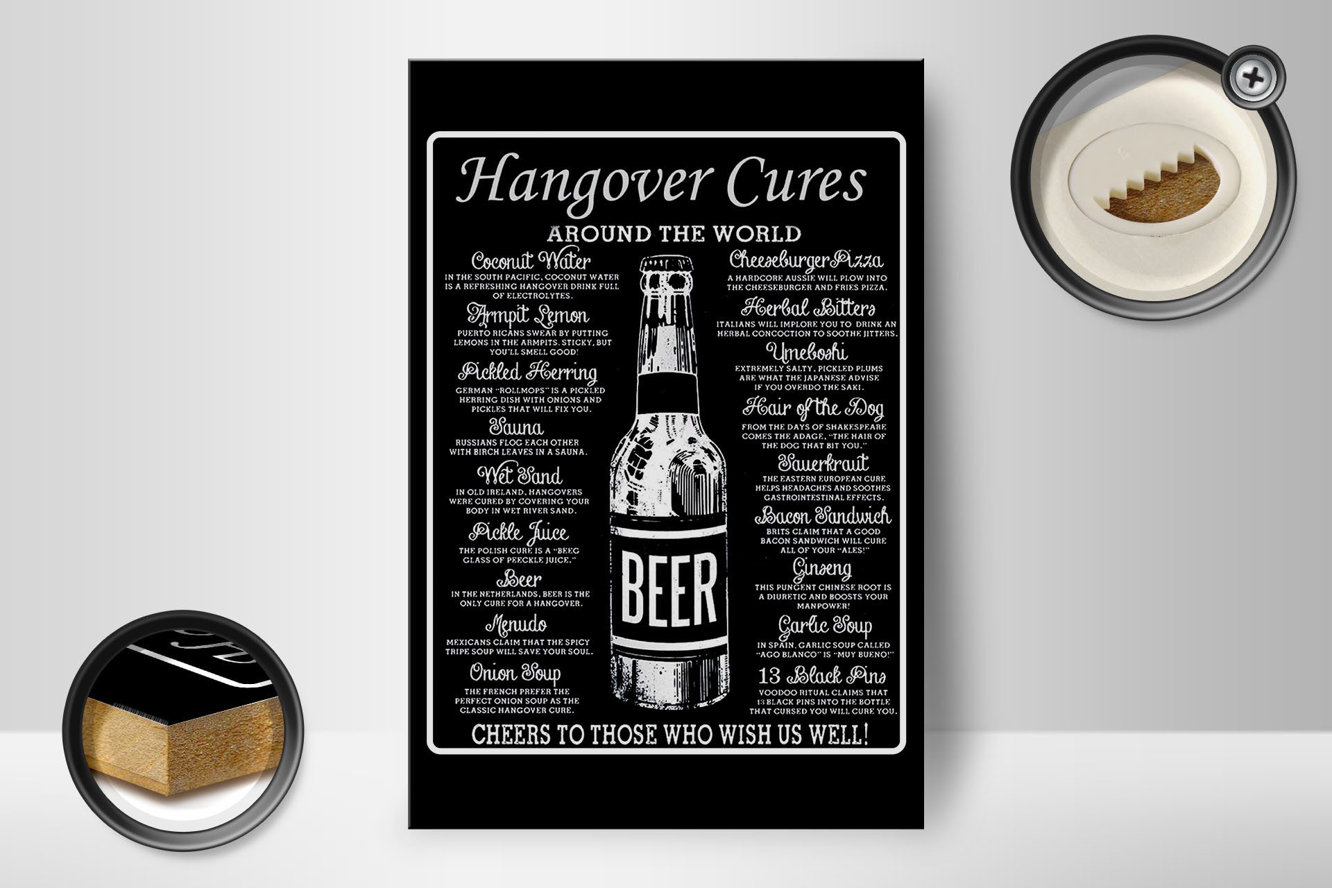 Femer GmbH Holzbild Spruch 12x18 cm Hangover cures around the world, (1 St), Glatte Holzfaserplatte (MDF), vorn beschichtet