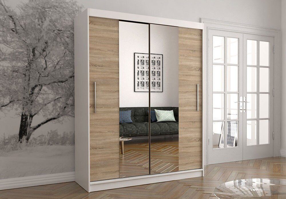 Polini Home Schwebetürenschrank Schwebetürenschrank Prime Comfort 150x200 Spiegel mittig Weiß-Eiche mit Spiegel weiß-eiche | weiß-eiche