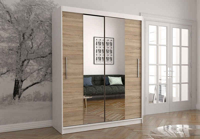 Polini Home Schwebetürenschrank »Schwebetürenschrank Prime Comfort 150x200 Spiegel mittig Weiß-Eiche von Polini Home« mit Spiegel