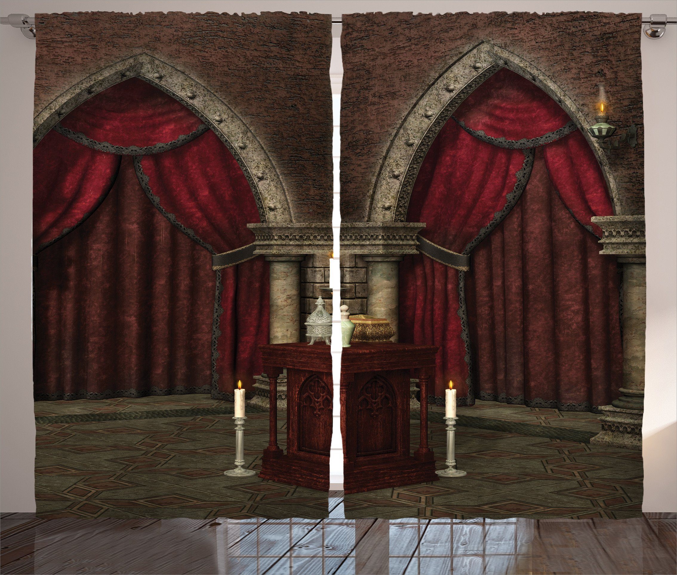 Gardine Schlafzimmer Kräuselband Vorhang mit Abakuhaus, Zimmer und Haken, Castle Mysterious Schlaufen gotisch