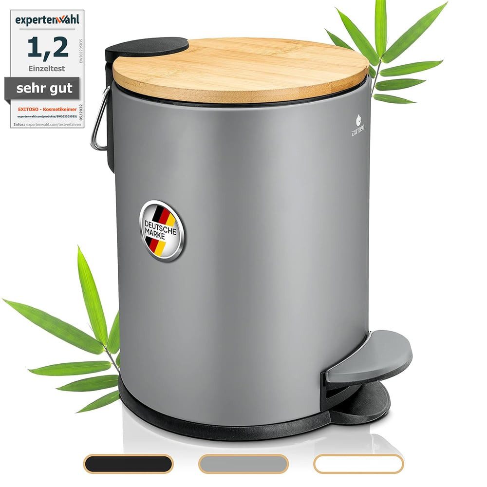 Relaxdays Bad Set – Mülleimer 5 L & Klobürste Mit Halter, Weiß/bambus, Absenkautomatik