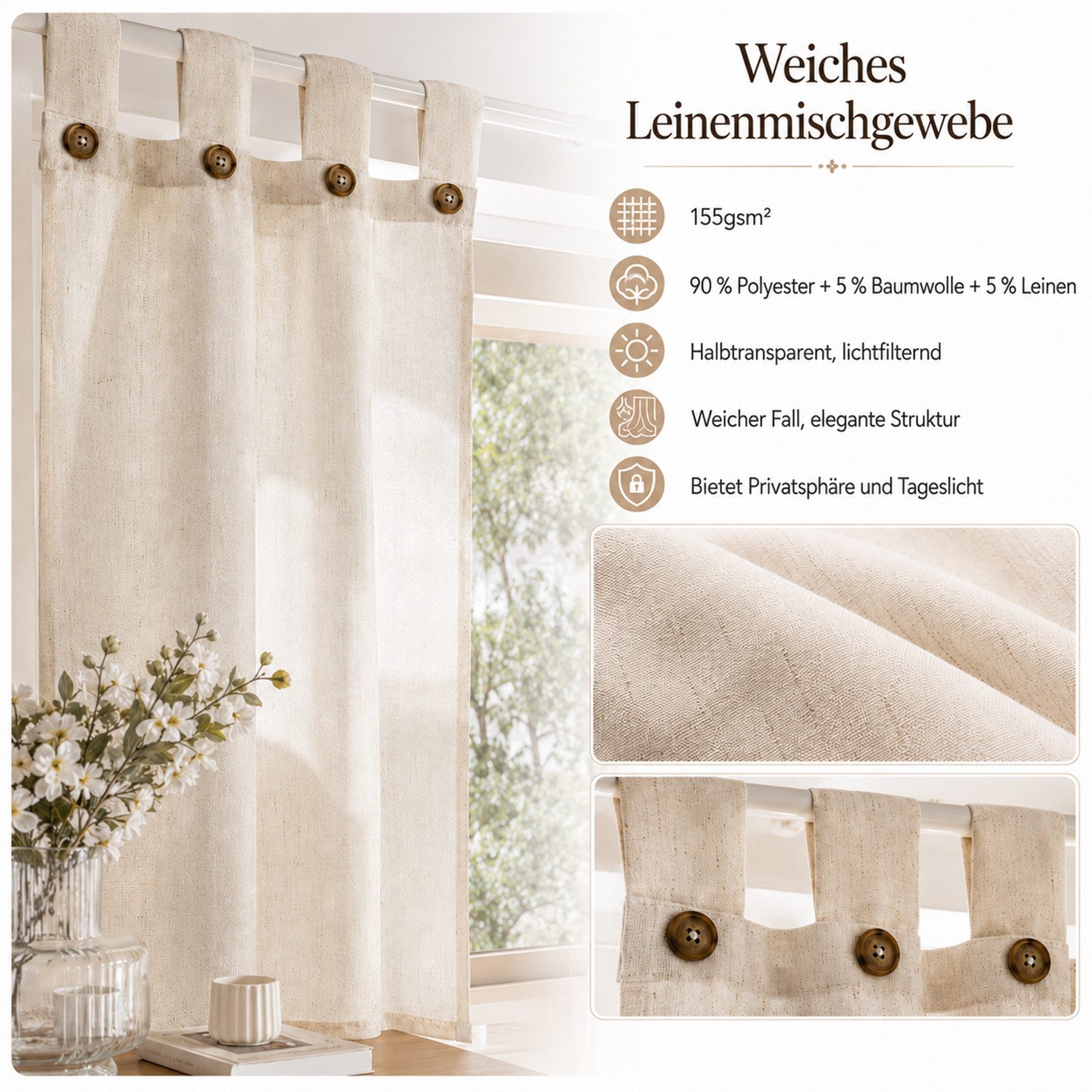 Rosnek Scheibengardine Vorhang Leinenoptik 2er Set, Kurzgardinen mit Knöpfen, Boho Natur, Cafehausgardinen für Küche, Wohnzimmer, Büro & Wohnmobil