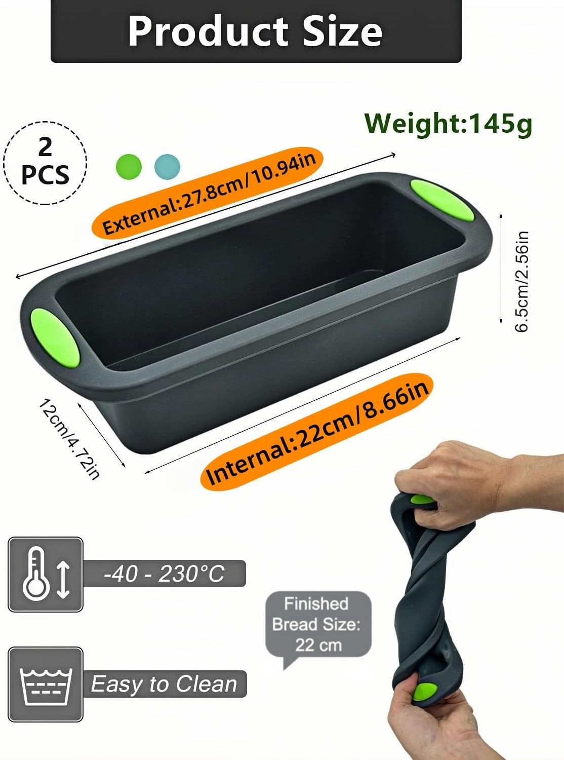 FELIXLEO Silikonform 2St Silikon Brotbackform Rechteckig 28x12x6,5cm Antihaft BPA-frei., (1-tlg) – Bild 2 von 5