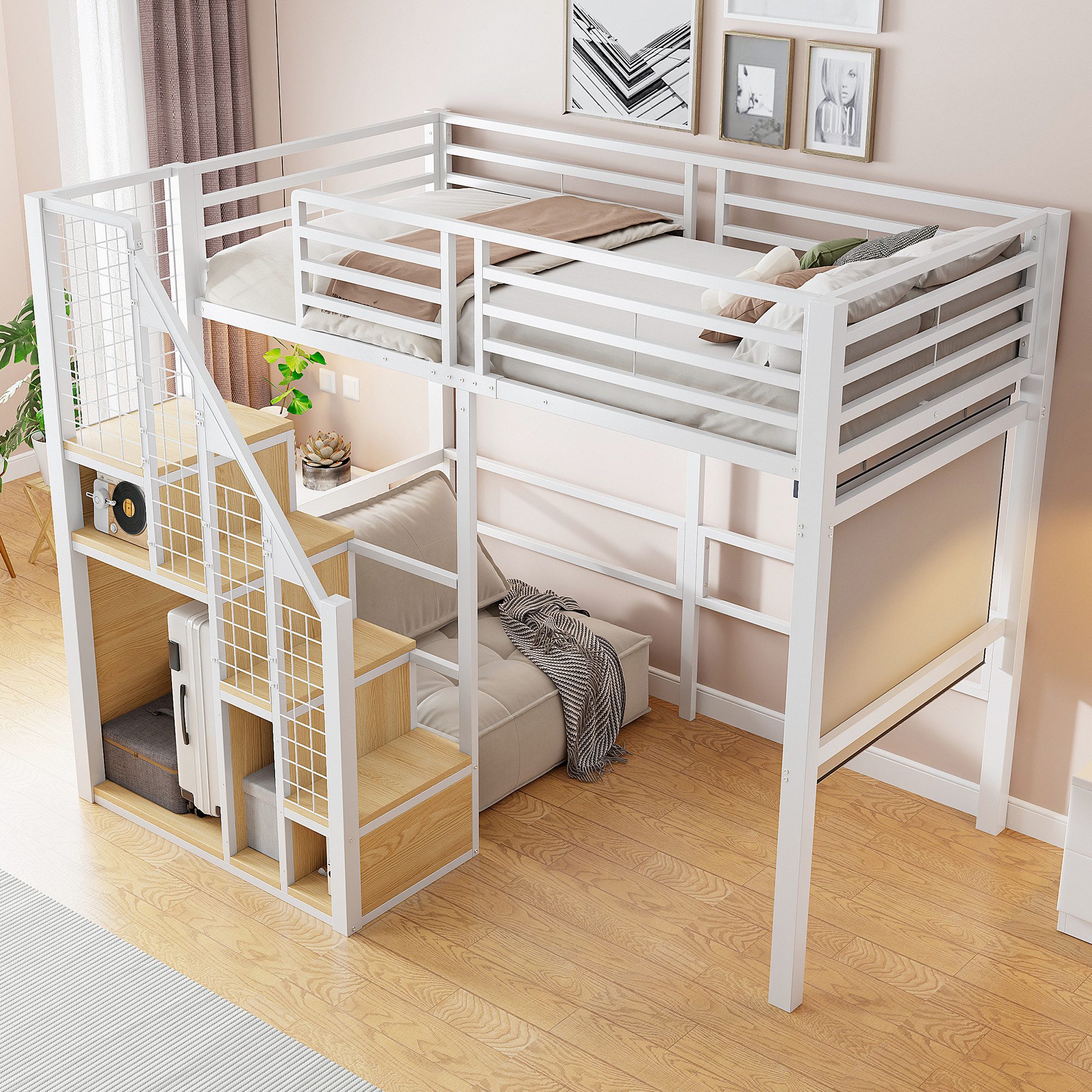 Flieks Hochbett Einzelbett Kinderbett Metallbett 90x200cm mit Stauraumtreppe – Bild 3 von 5