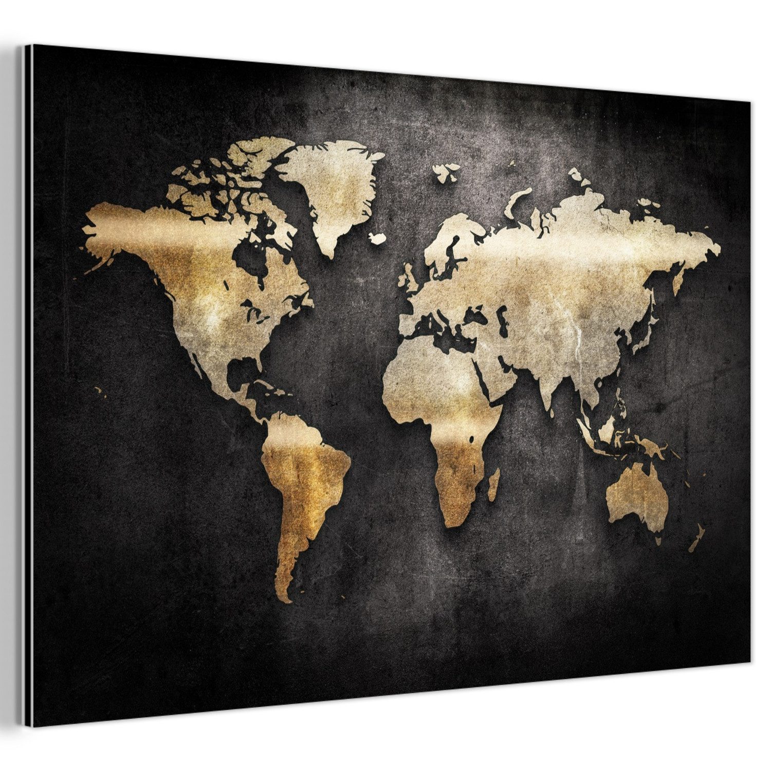 MuchoWow Metallbild Weltkarte - Gold - Schwarz, Inkl. Aufhängung, Wohnzimme günstig online kaufen